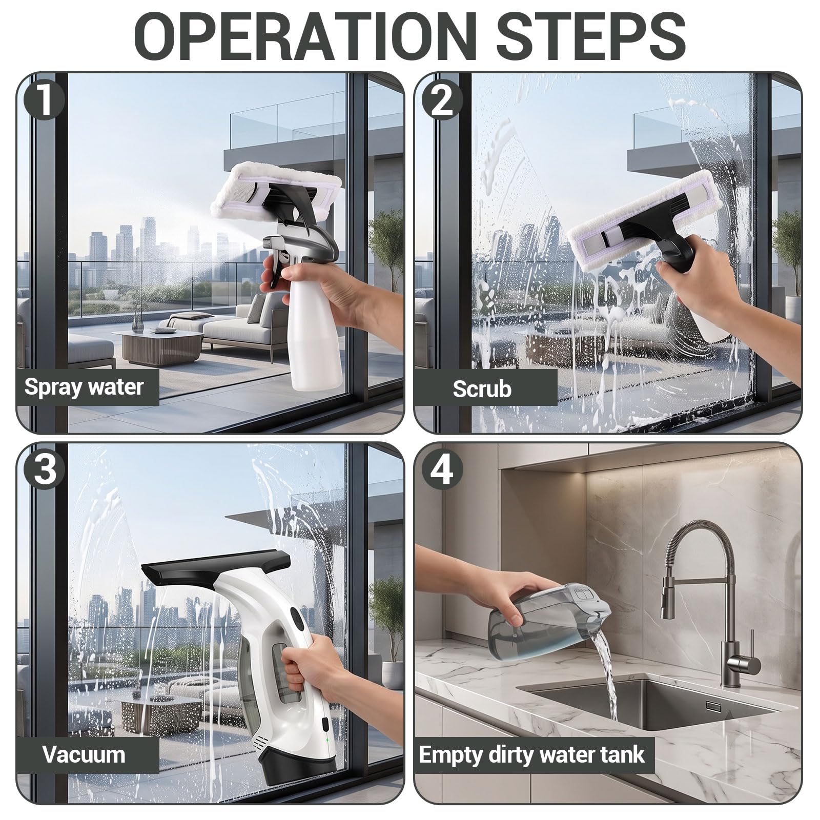 Fensterputzer Set, Elektrischer Fensterreiniger, kabelloser Fensterreiniger für Fenster, Spiegel, Fliesen, Duschkabinen und Glas, wiederaufladbarer Fensterwischer