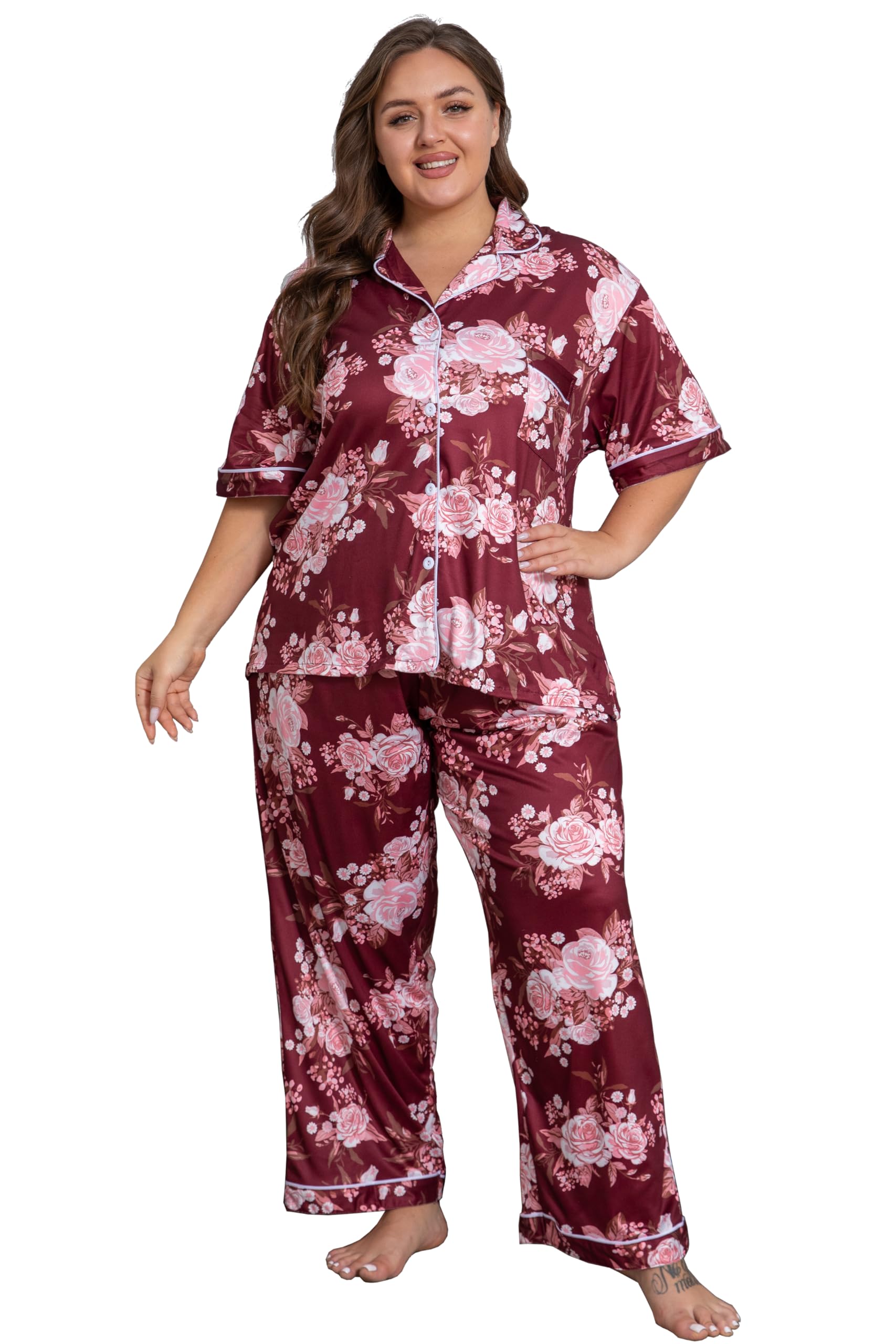 Vozanet Women's Pajamas Set Button Down Short Sleeve Shirt and Pants Soft Knit Polyester Lounge Sets Plus Size 1x to 5x