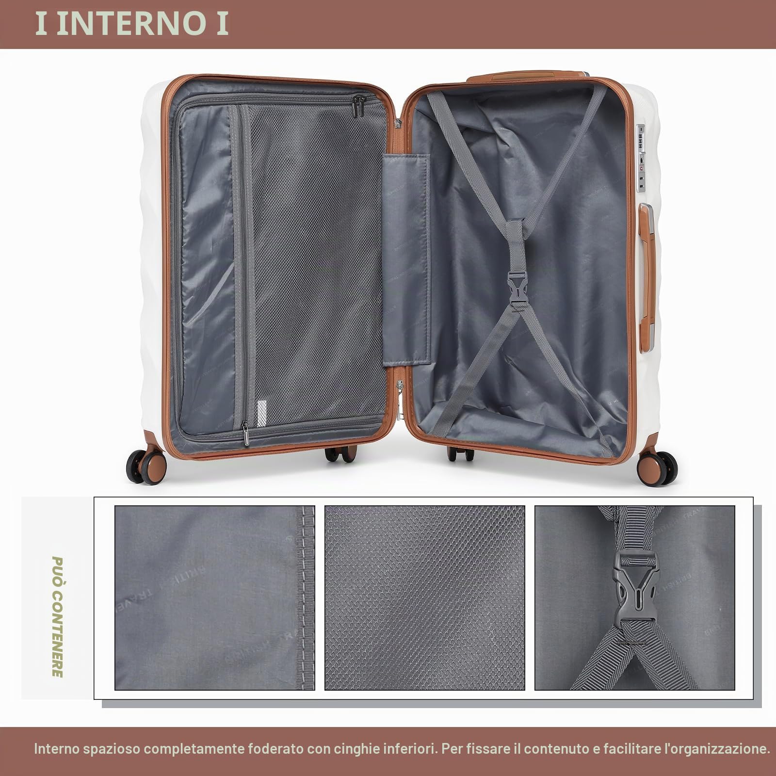 British traveller Bagagli duri durevoli di ABS+PC con la chiusura lampo YKK della serratura di TSA delle ruote 4 del filatore, Bianco panna, M(medium 24inch), Valigia rigida