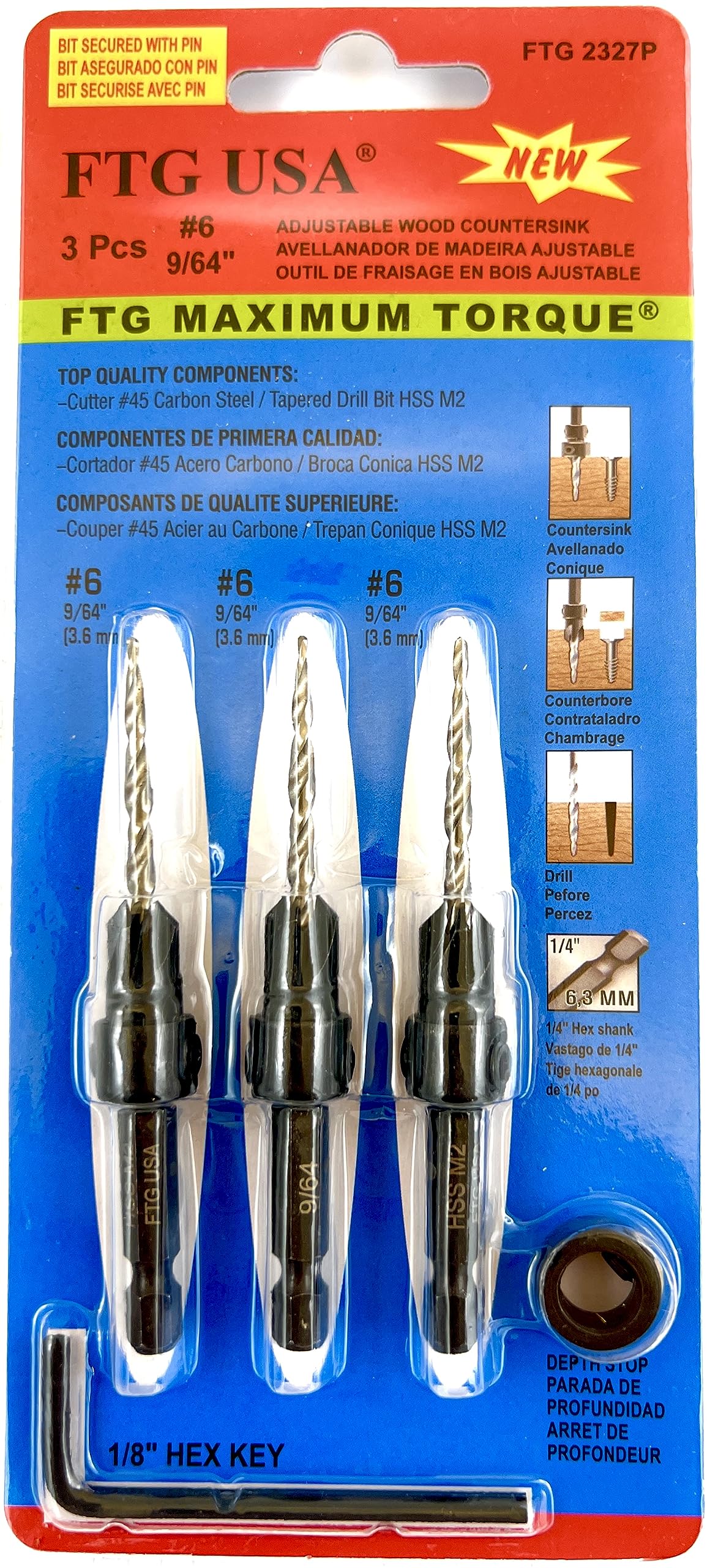 FTG USA 3 Pc #6 (9/64") Adjustable Wood Countersink Drill Bit Set with Tapered Drill Bit for Woodworking