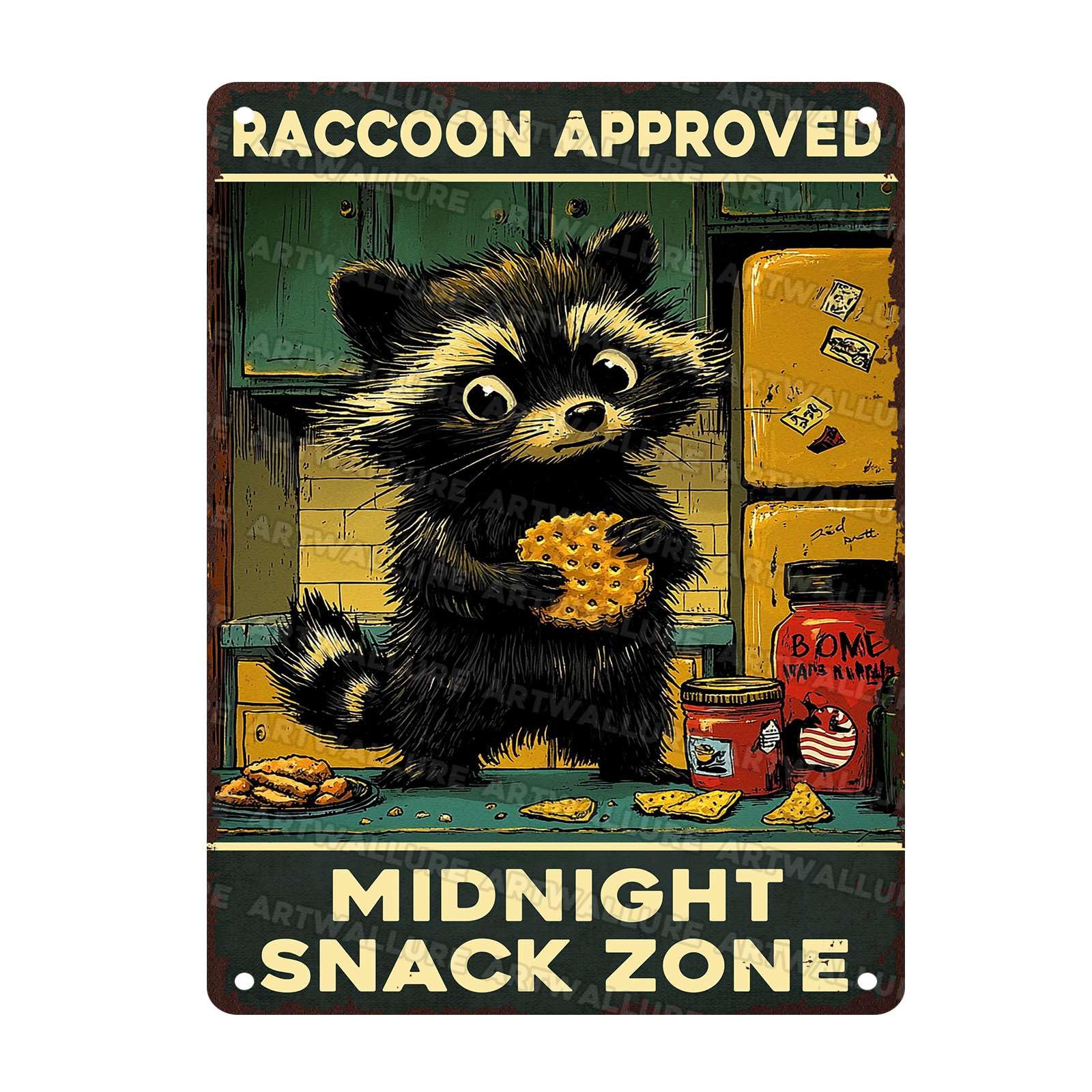 Raccoon Metal Tin Sign Raccoon Approved Midnight Snack Zone Kitchen Decor Vintage Wall Art Rustic Retro Plaque 12x16Inch