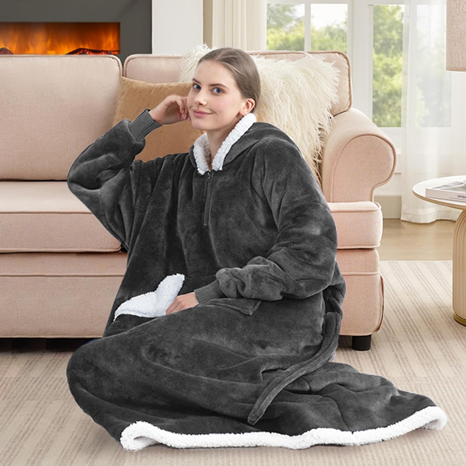 Wearable Blanket Hoodie as Gifts for Women, Long Sherpa Fleece Hooded Blankets with Oversize Hood and Pocket, Warm and Cozy Sweatshirt with Belt, Winter Gift - Image 6