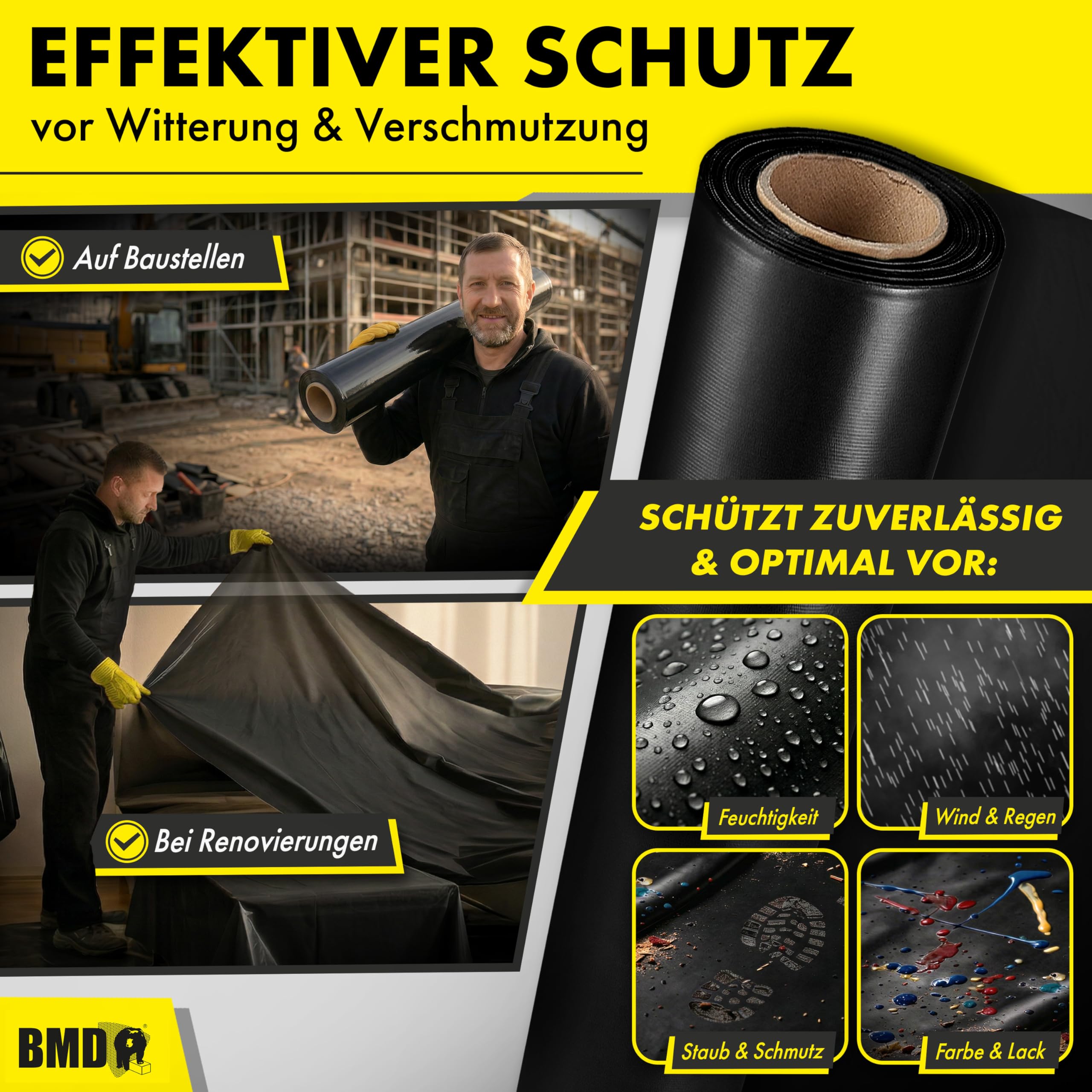 BMD Baufolie TYP 300 | 4m x 25m | 3 Größen | extra starke Estrichfolie | wasserfeste, schwarze Abdeckfolie | 100m² | reißfeste Schutzfolie und Abdeckplane