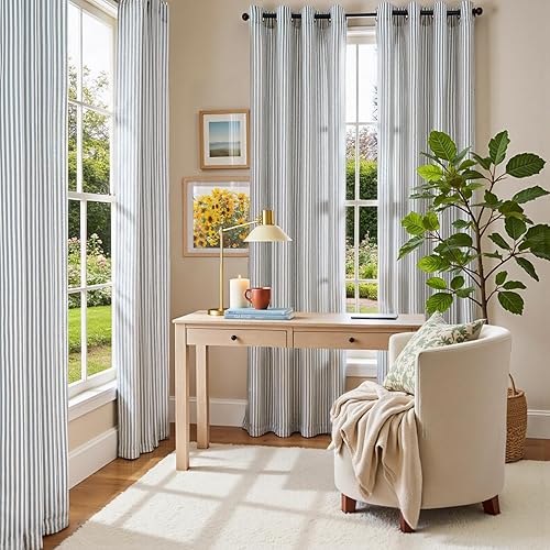Miniatura 9 de Vangao Cortinas de lino a rayas para sala de estar, dormitorio, casa rural con estampado de rayas de tictac, cortinas impresas con ojales en la