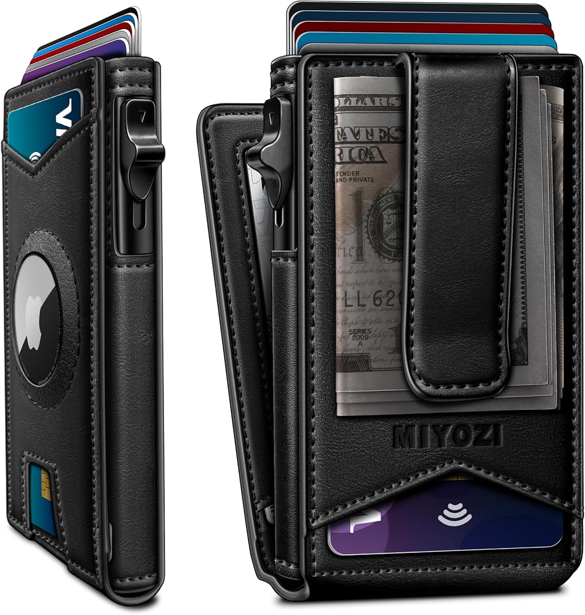 miyozi Airtag Wallet for Men,with Money Clip Gift Boxed,Slim Front Pocket Wallet RFID Blocking Metal Case Smart Pop-up Credit Card Holder in Magnetic Leather Flip