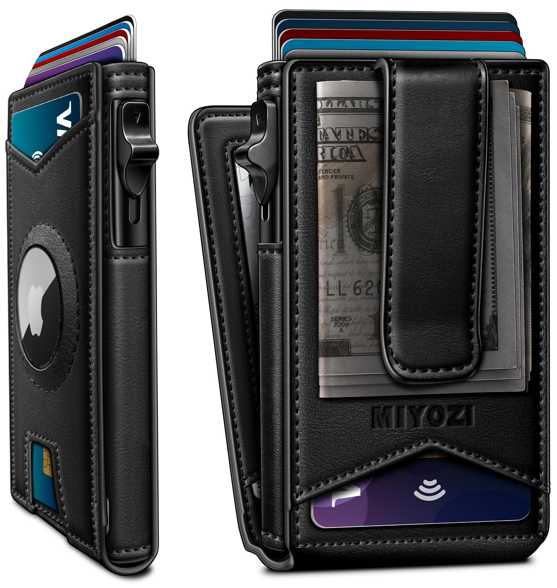 miyozi Airtag Wallet for Men Money Clip 9-Card Pop-Up Credit Card Holder with ID Window RFID Blocking Metal Case Magnetic Closure Front Pocket Wallet