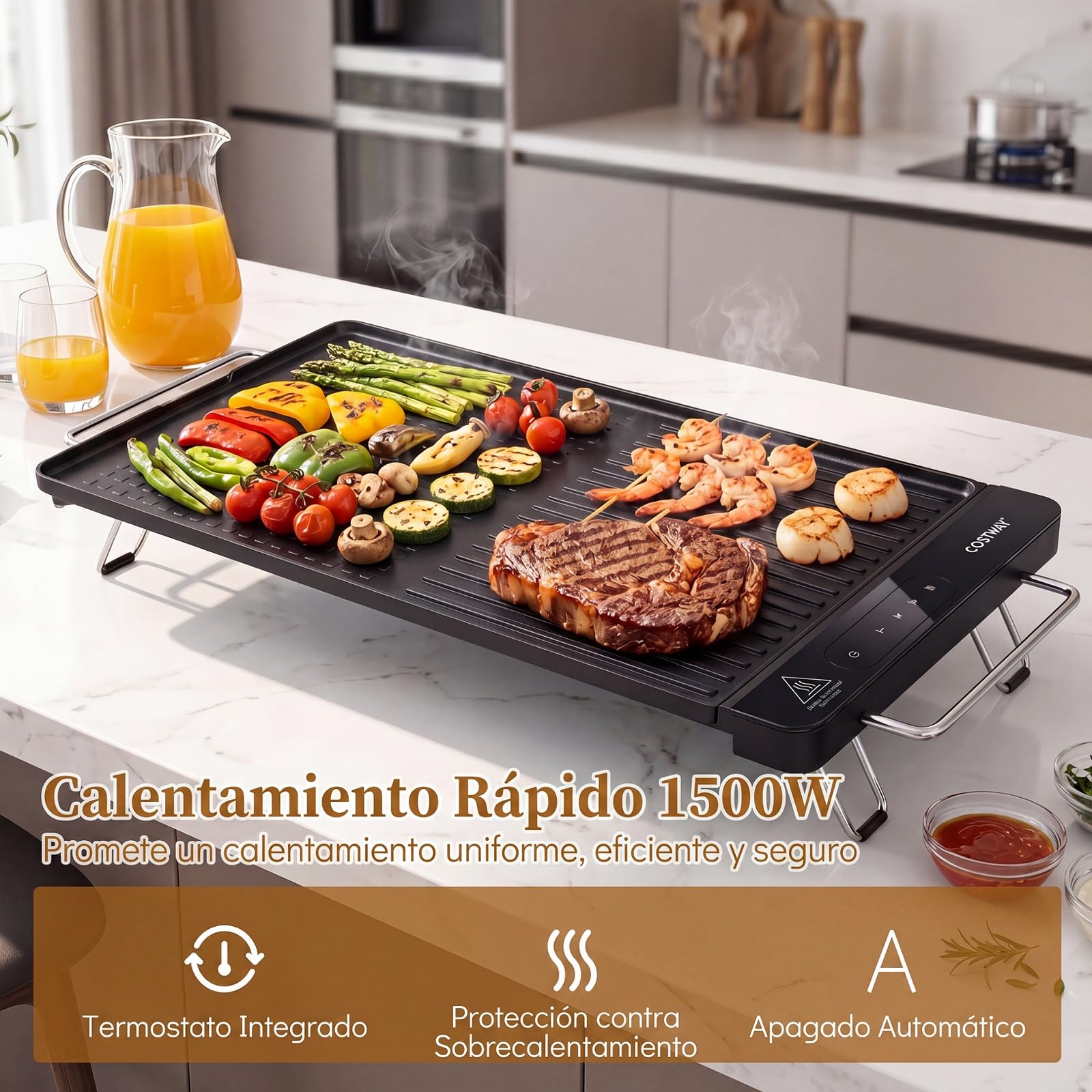 COSTWAY Plancha Eléctrica 1500 W, 60 x 28cm, Temperatura Ajustable | Parrilla Cocina con Antiadherente Extraíble, Asas Frías al Tacto y Patas Plegables, para Hogar, Picnic