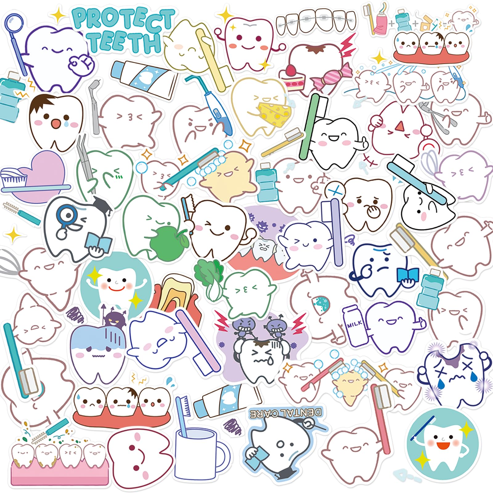 50 Pcs Tooth Cartoon Stickers for Kids, Dentist-Themed Waterproof PVC Reward Stickers Self-Adhesive Labels for Dental Clinics, Patient Gifts, Laptop, Water Bottle, DIY Craft, Scrapbooking, Party Favor