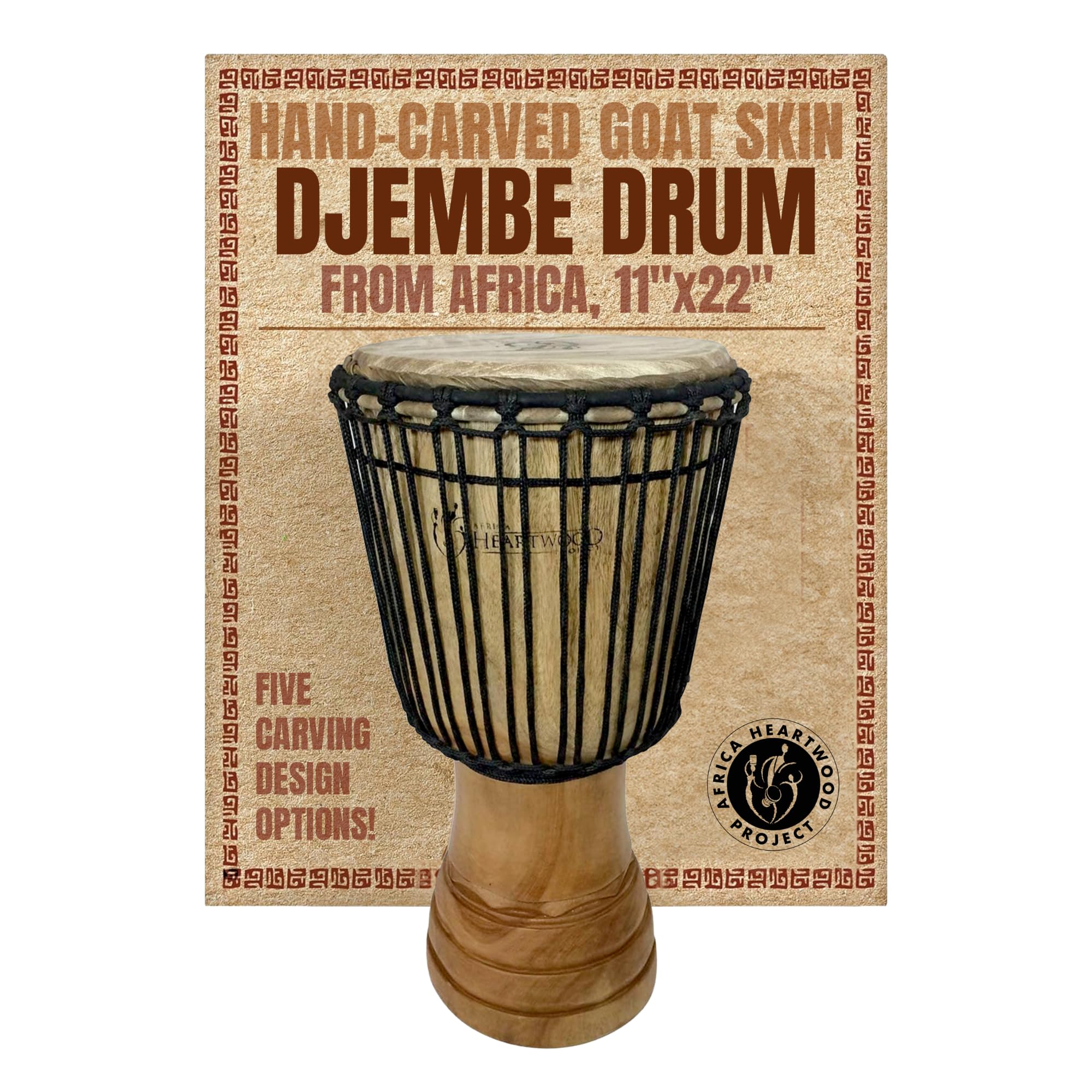 Hand-Carved Djembe Drum from Africa - 11"x22" Classic Ghana Djembe (Rings Carving) - Solid Wood Shell & Natural Goat Skin - Ready to Play Out of the Box Musical Instrument
