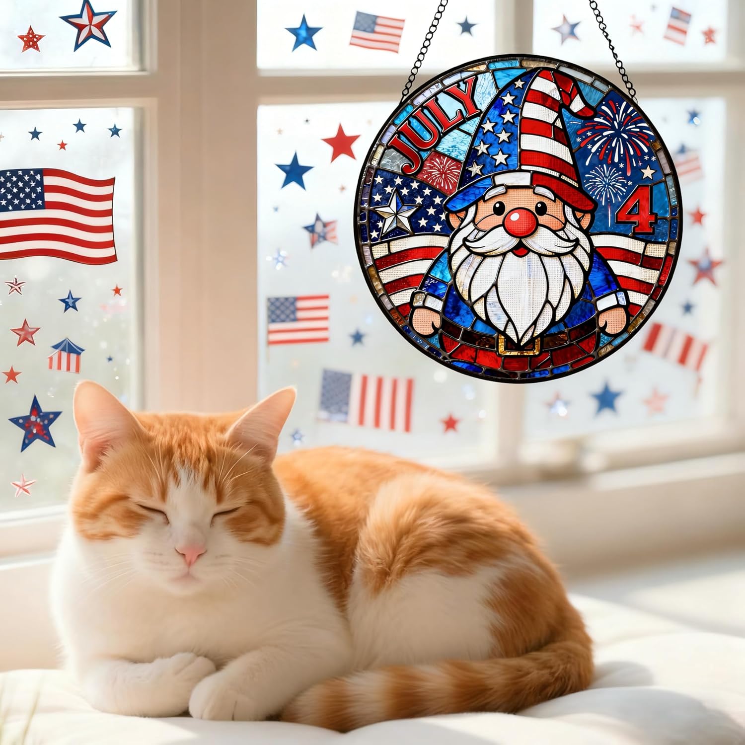 Funoasis 4th of July Stained Glass Suncatcher - Gnome American Flag Handcrafted Ornaments Gift for Independence Day