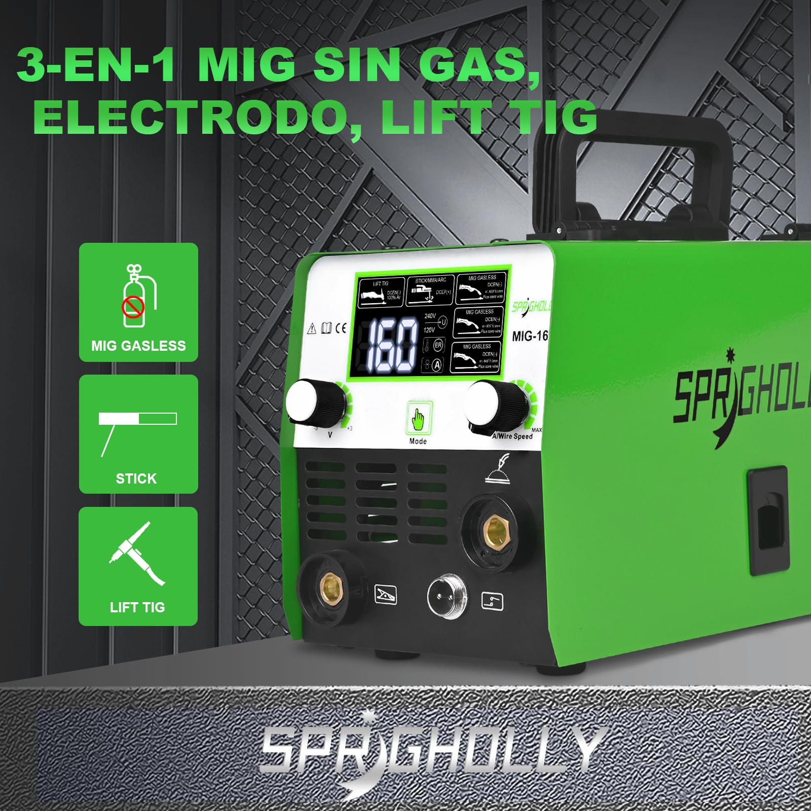 MIG160 Actualizado Soldador Inversor IGBT 160A 230V/240V, 3 en 1 MIG Sin Gas (Flux MIG) / MMA/Lift TIG Con Gran Pantalla LED, Fácil de Usar, Ideal Para Principiantes