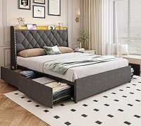 Vista 13 de Marco de cama completa con 4 cajones y cabecera de almacenamiento, marco de cama de plataforma tapizada tamaño completo con luces LED y práctica