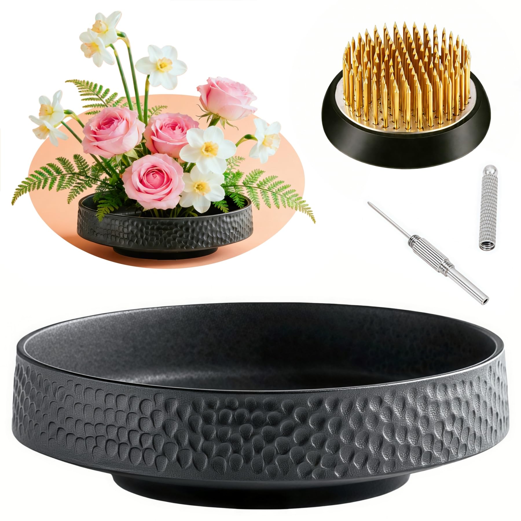 Japanese Ikebana Vase Kit, Flower Shallow Container Ceramics Ikebana Vase with 1.57inch Flower Frog and Floristry Floral Frog Kenzan Needle Straightening Tool (Hammer Pattern Bowl)
