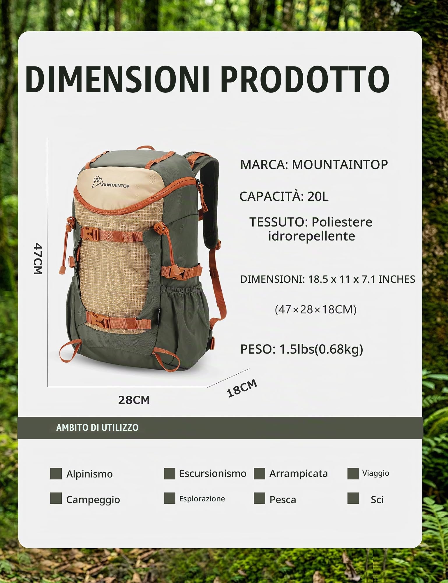 MOUNTAINTOP 28 Litri Zaino da Trekking Zaino Montagna Unisex Zaino Escursione per Viaggio Hiking Campeggio, 31 x 16 x 52 cm