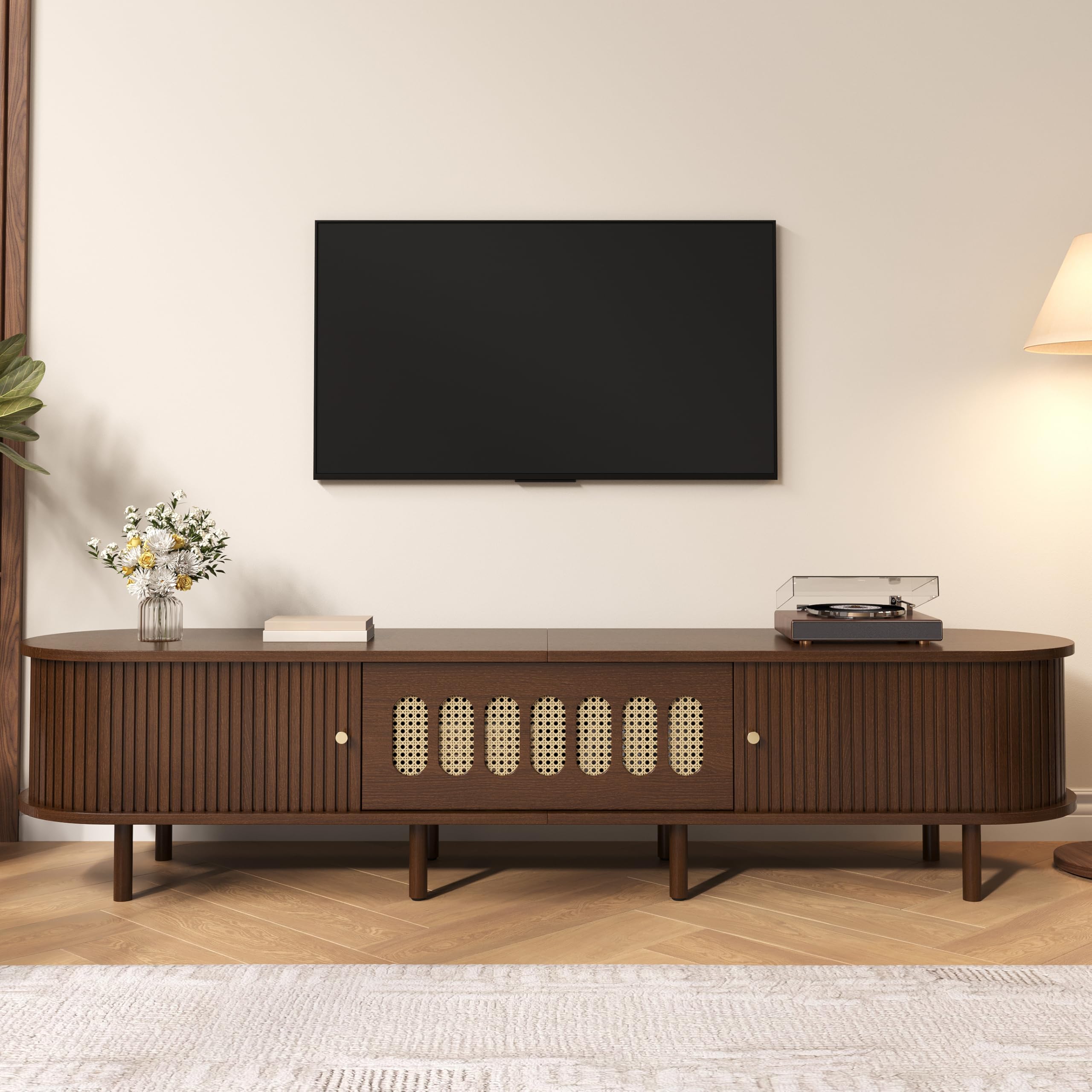 Merax 180cm Oval TV Stand Cabinet, Dark Walnut Media Console with Rattan Effect Design, Roll Up Door and Drop Down Cabinet, Wooden TV Unit and Entertainment Centre for Living Room