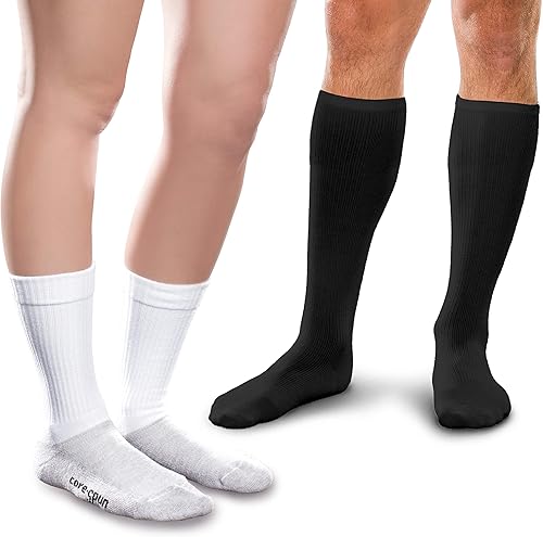 Core-Spun - Calcetines de compresión graduados ligeros médicos de 10-15 mmHg, hasta la rodilla, paquete de 2 unidades (negro y blanco, XL regular y
