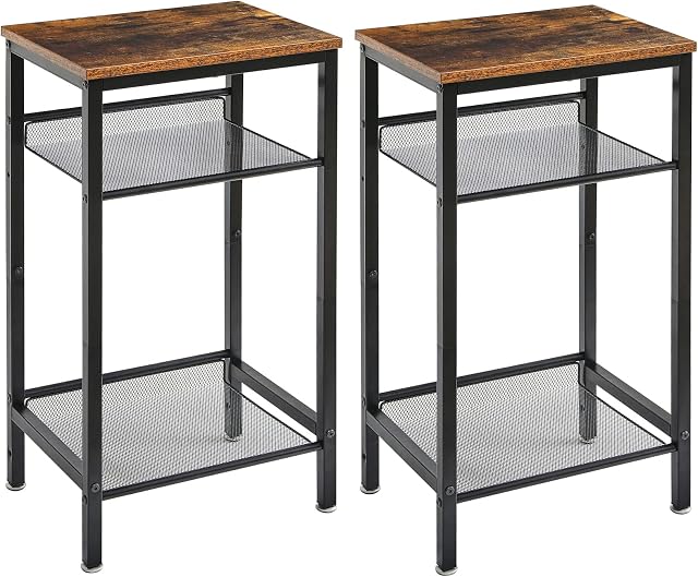 YMYNY Set of 2 Side Tables, Bedside Table with Shelves, End Table, Telephone Table, Industrial Style, Mesh Adjustable, for Living Room, Bedroom, Entryway, Office, Rustic Brown and Black HST005H-2