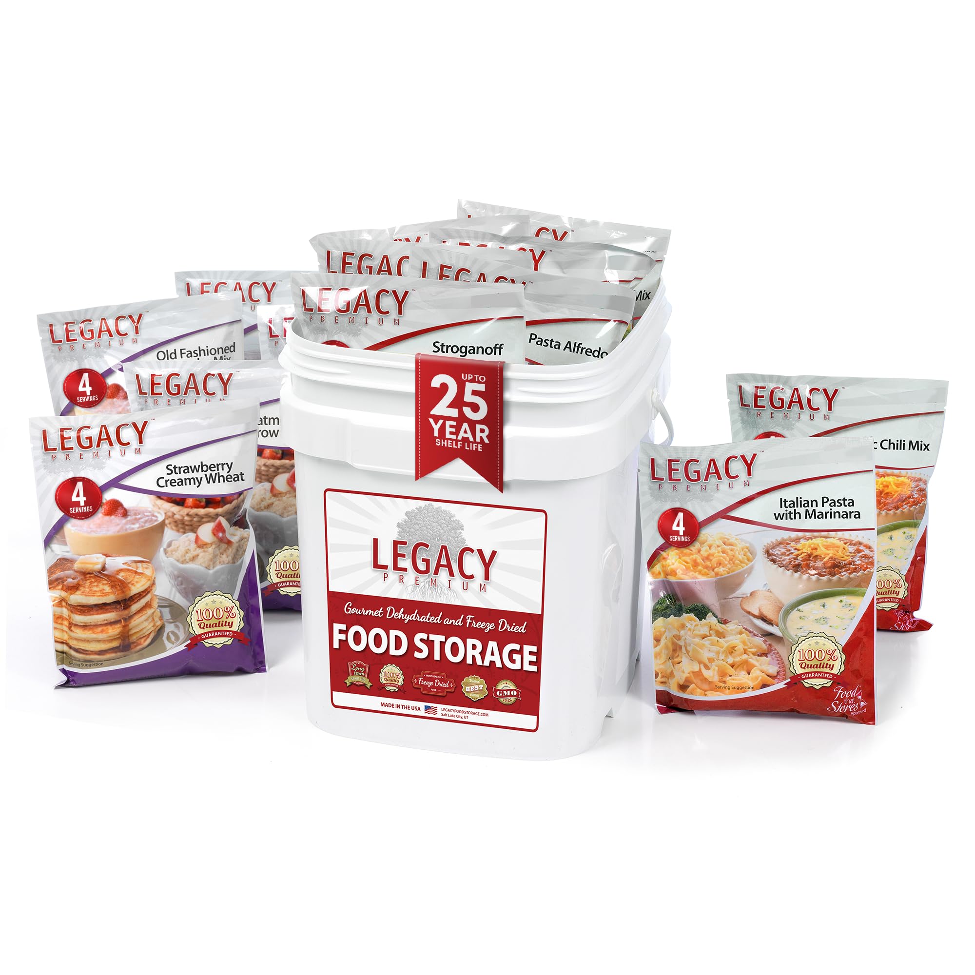 Legacy Food Storage 60 Serving Emergency Food Supply Bucket, 10 Entrees, 4 Breakfasts, 24,520 Total Calories, Shelf Stable Breakfast Lunch & Dinner, Freeze Dried Survival Meals for MRE Camping, Hiking, Prepping
