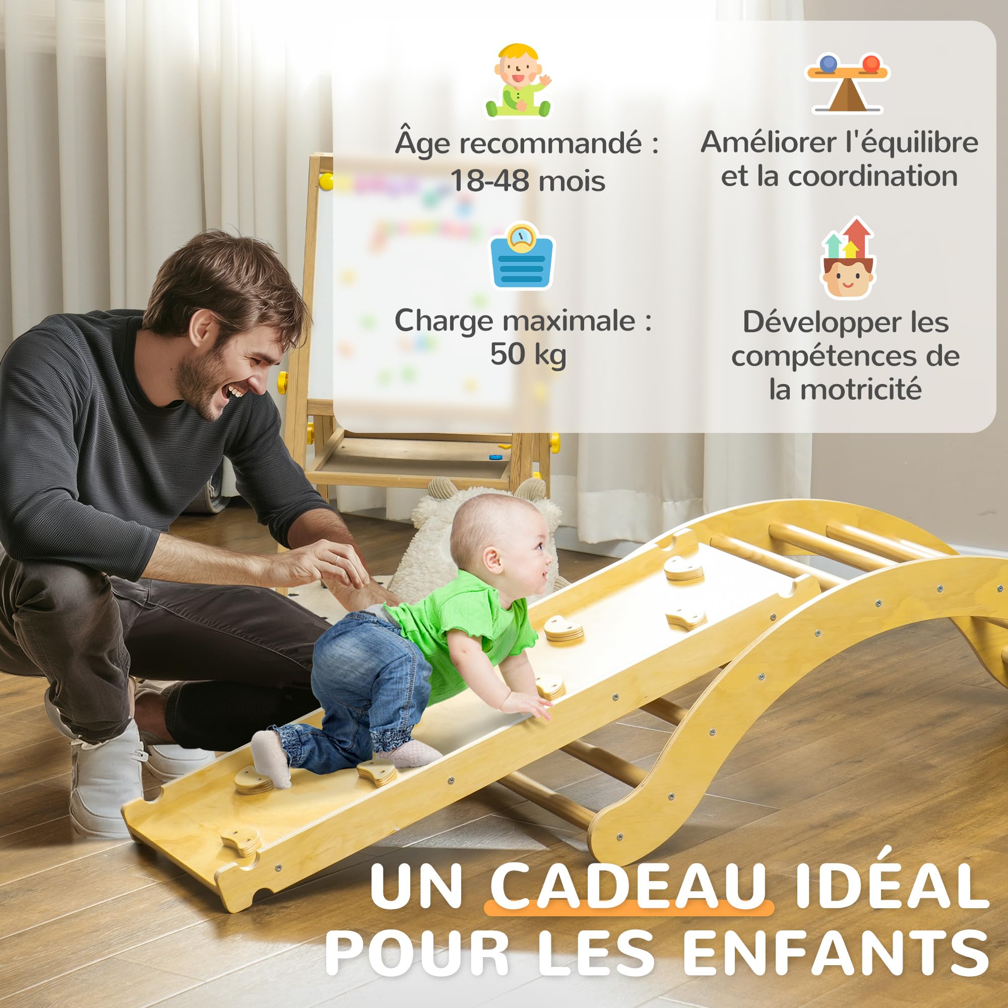 AIYAPLAY 4 en 1 Arche Escalade Enfants 18-48 Mois Charge 50 kg Bois Naturel | Chaise à Bascule avec Coussin, Rampe Double-Face pour Grimper & Glisser, Parcours Motricité Bébé en Bois