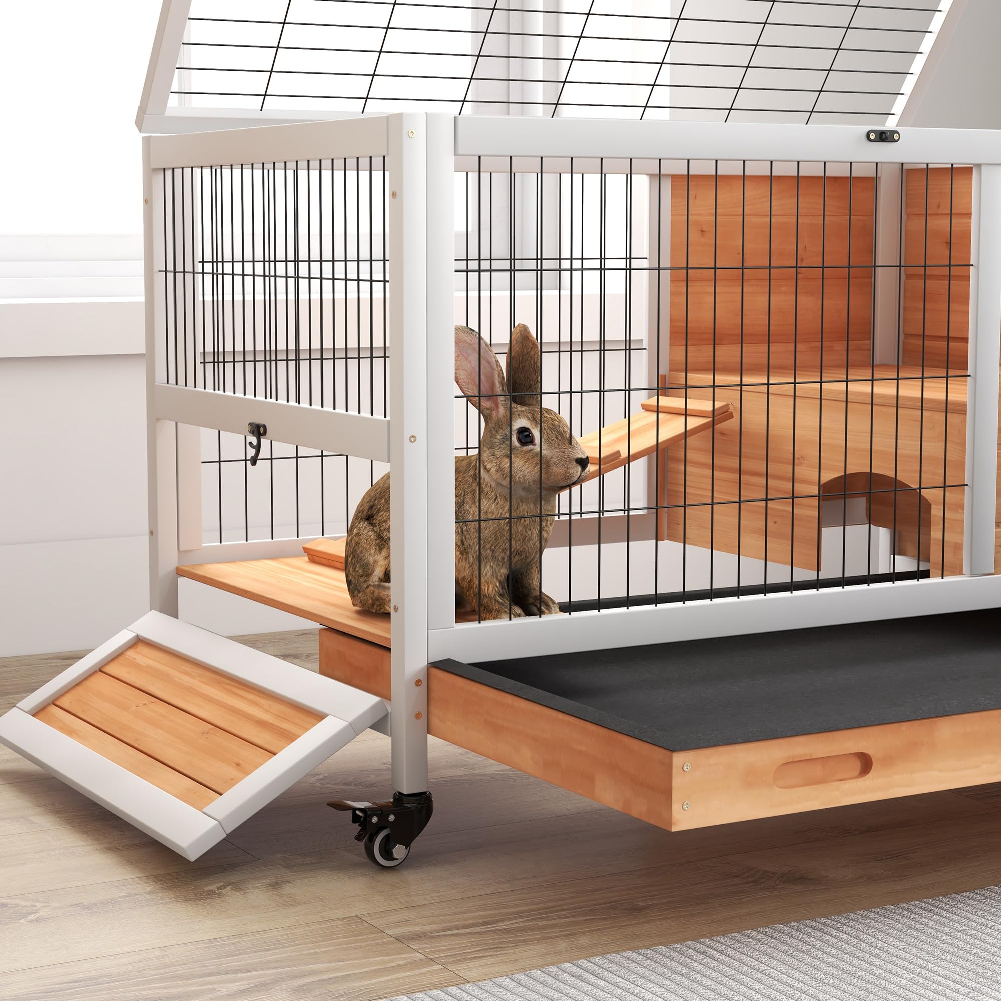 PawHut Jaula para Conejos de Madera Conejera para Mascotas Pequeñas Portátil Interior con Techo Abrible Rampa Bandeja Extraíble para Conejillos de Indias 90x53x59 cm Madera Natural