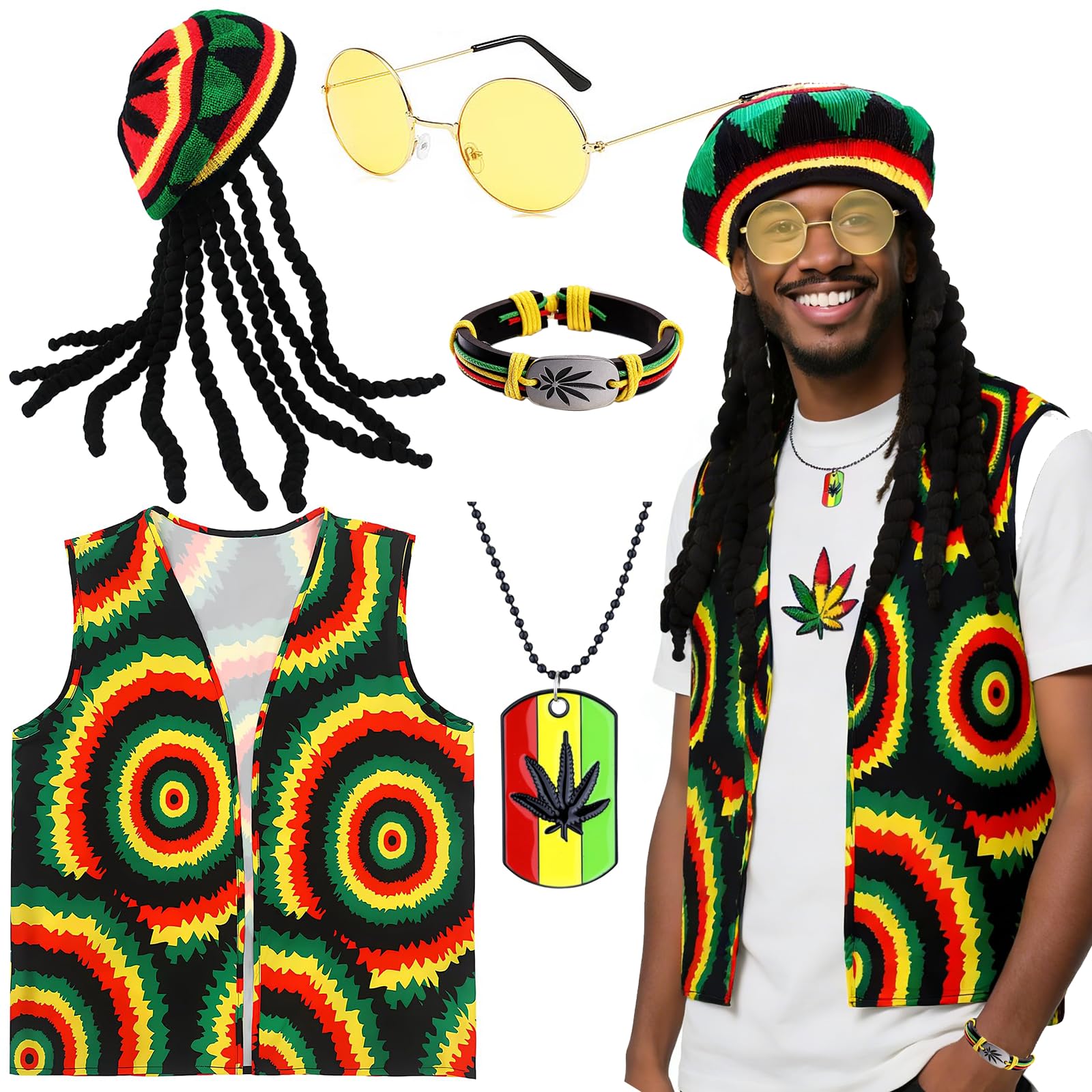 5Pcs Reggae Fancy Dress for Men Jamaican Rasta Costume Accessories Set including Caribbean Vest Rasta Hat with Dreadlocks Glasses Necklace Bracelet for Women Carnival Masquerade Halloween Cosplay Party