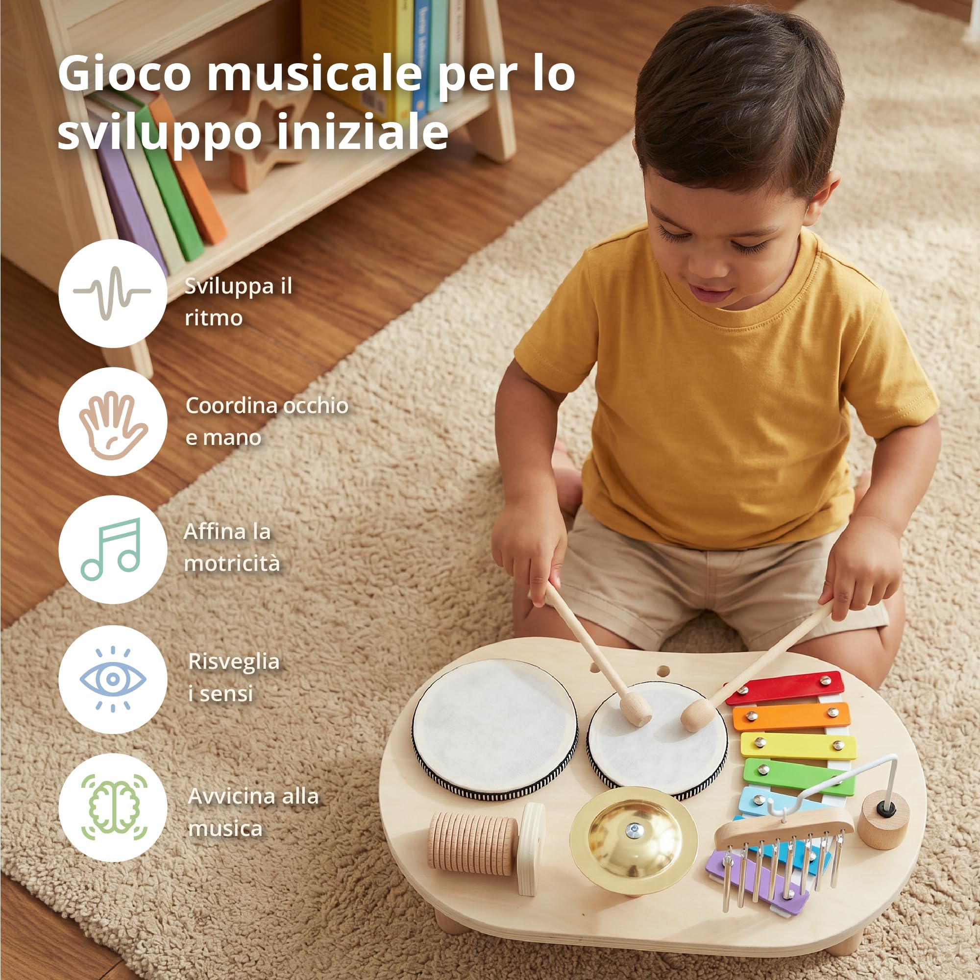 Strumenti Musicali in Legno per Bambini da 1 a 3 Anni, Batteria Montessori con Tamburo, Xilofono e Percussioni, Giocattolo Musicale Educativo, Regalo per Bambine e Bambini