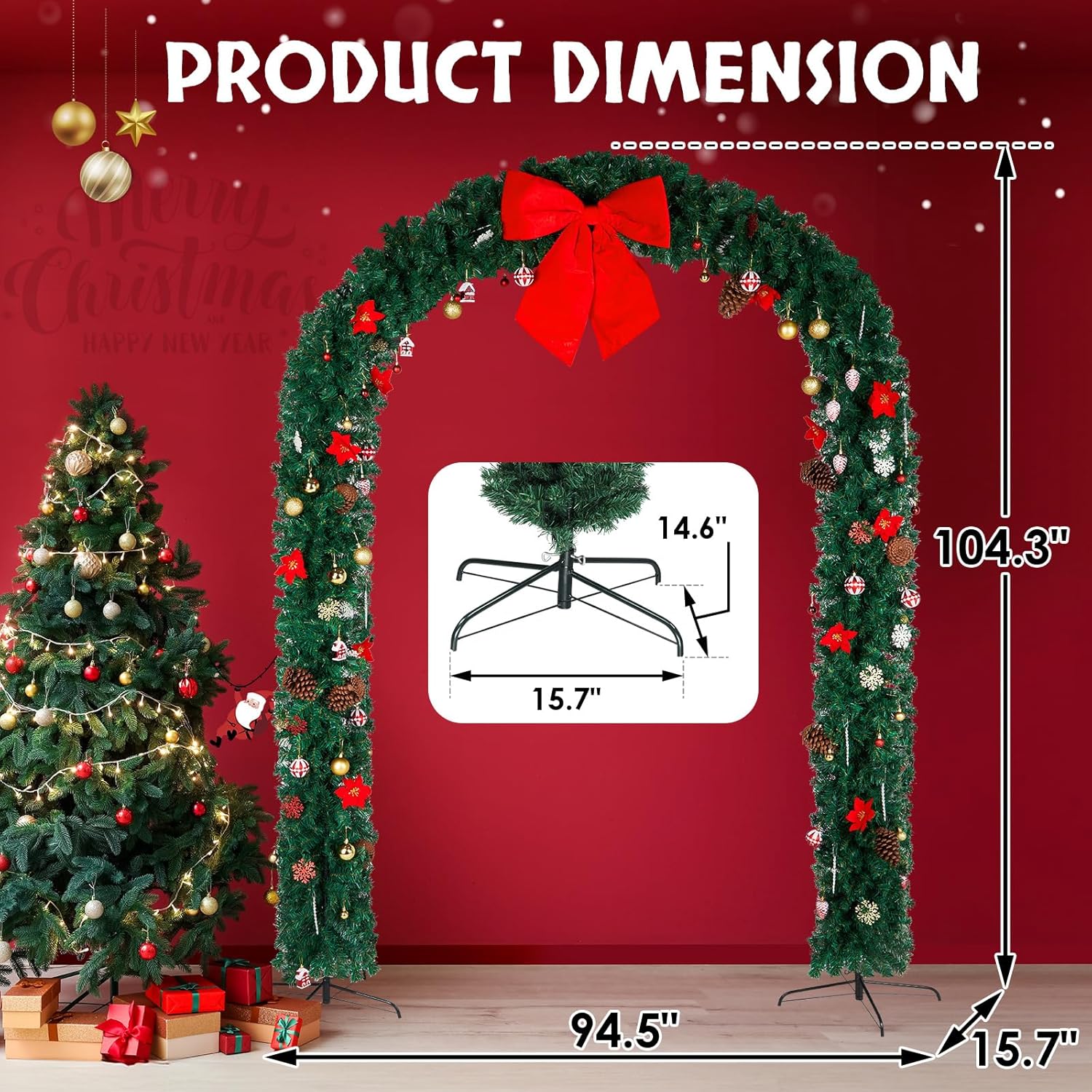 240 * 40 * 265cm PVC Christmas Arch with Ornaments Holiday Arch Decoration Green