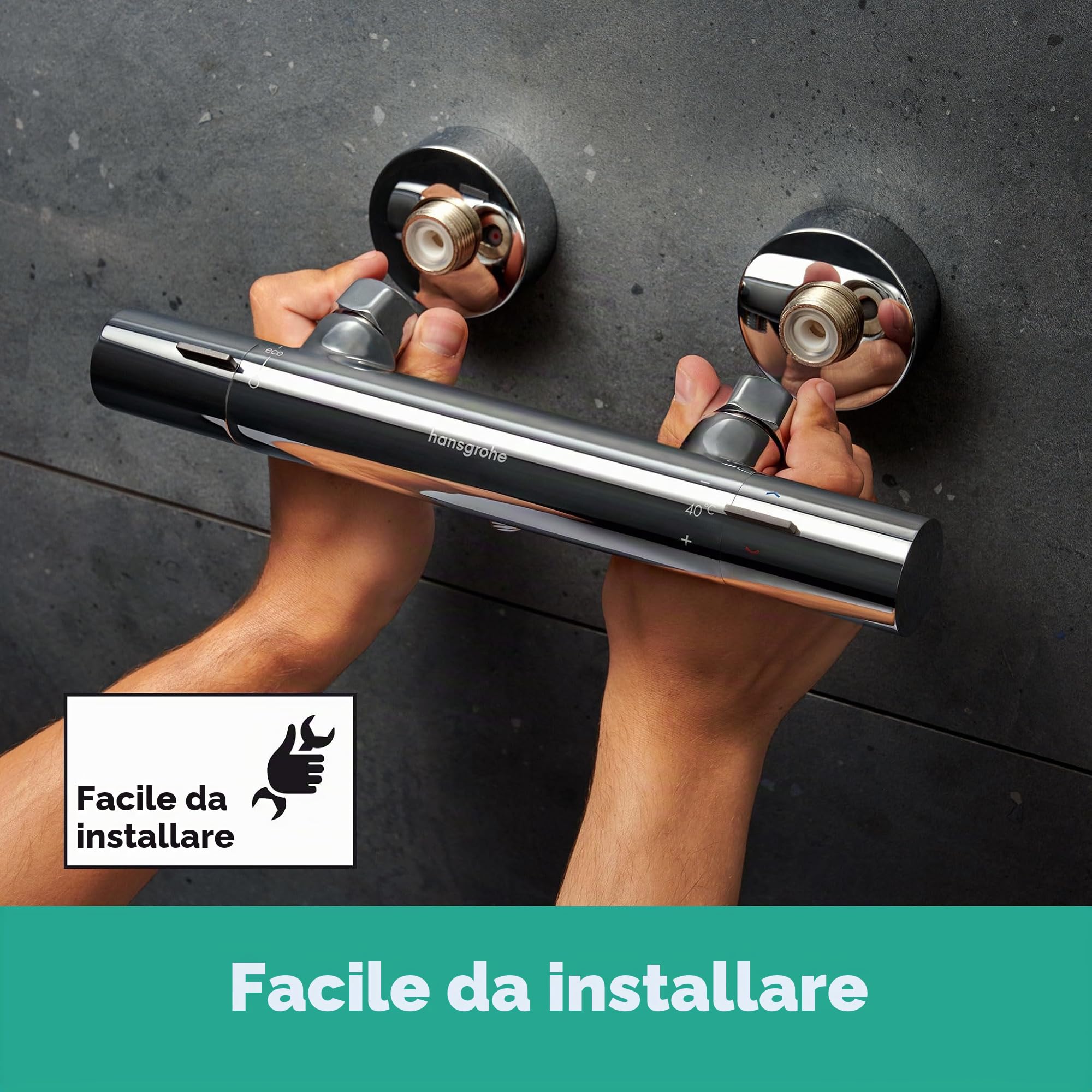 hansgrohe Ecostat Fine - Miscelatore termostatico per doccia esterno con EcoStop+, Rubinetto termostatico con blocco di sicurezza (SafetyStop) a 40° C, Termostato per doccia, 1 utenza, cromo, 13324000