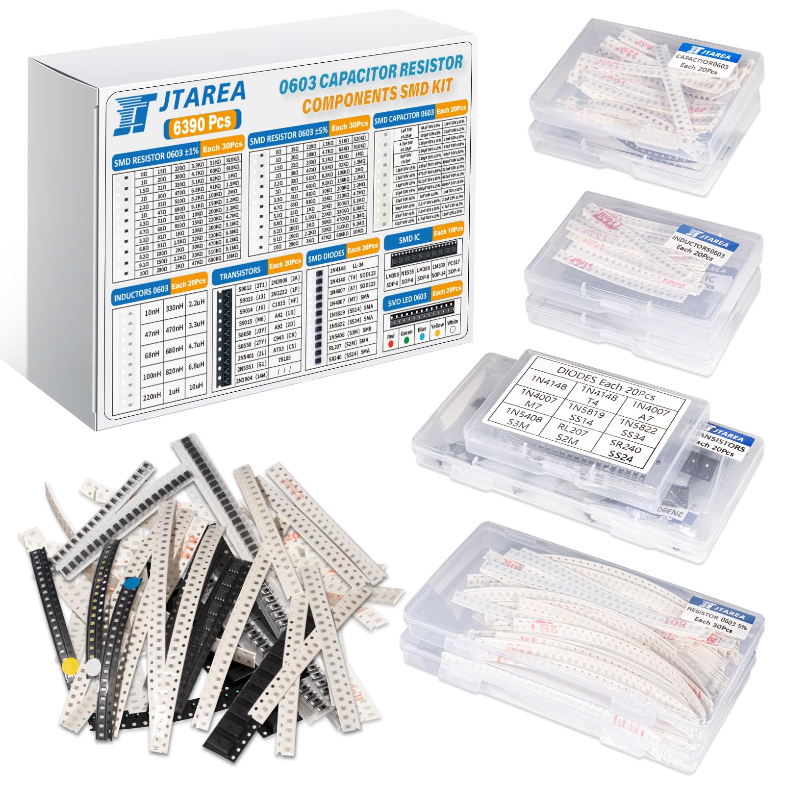 6390 Stück SMD 0603 Elektronik Bauteile Sortiment Set mit 1% Widerstände 5% Widerstand Kondensator Induktivität LED Transistor Dioden IC DIY Elektronische Komponenten Kit