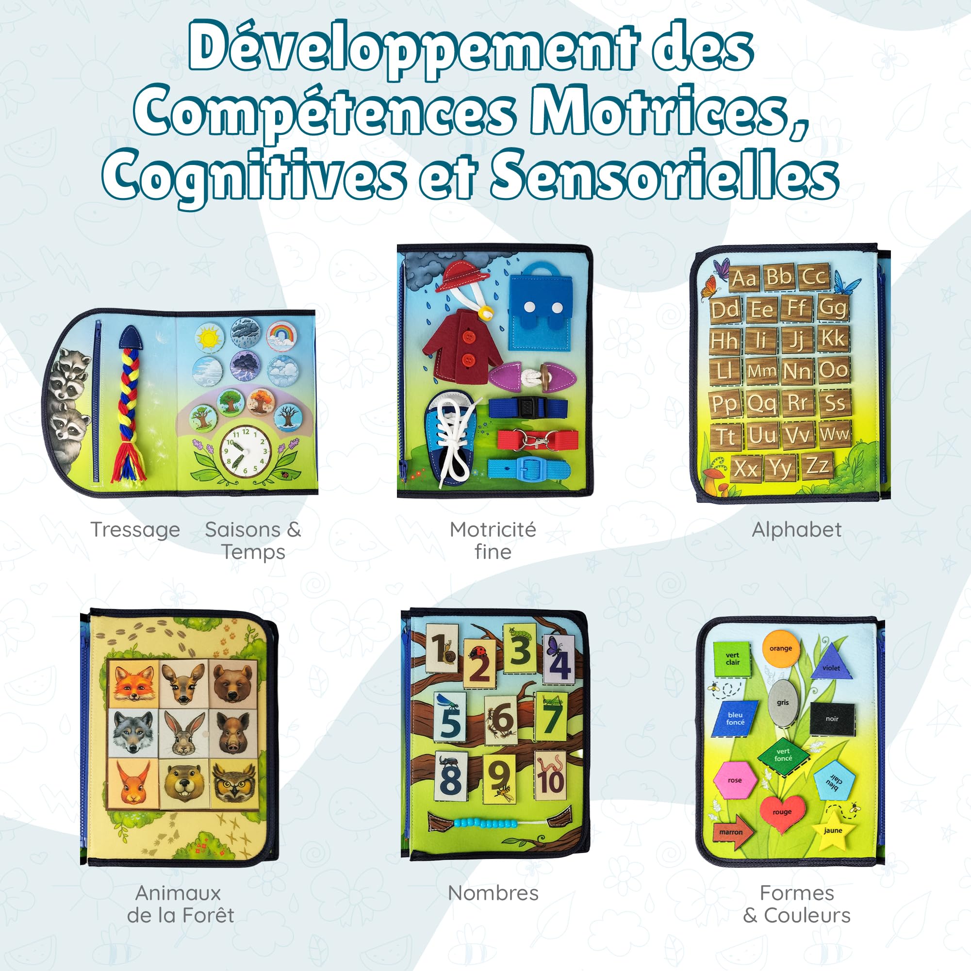 Busy Board Montessori Cartable – Planches D'Activités Thème Forêt – Alphabet, Heure, Animaux, Lace, Boutons, Fermeture Éclair – Jouet Éducatif Voyage 2-6 Ans