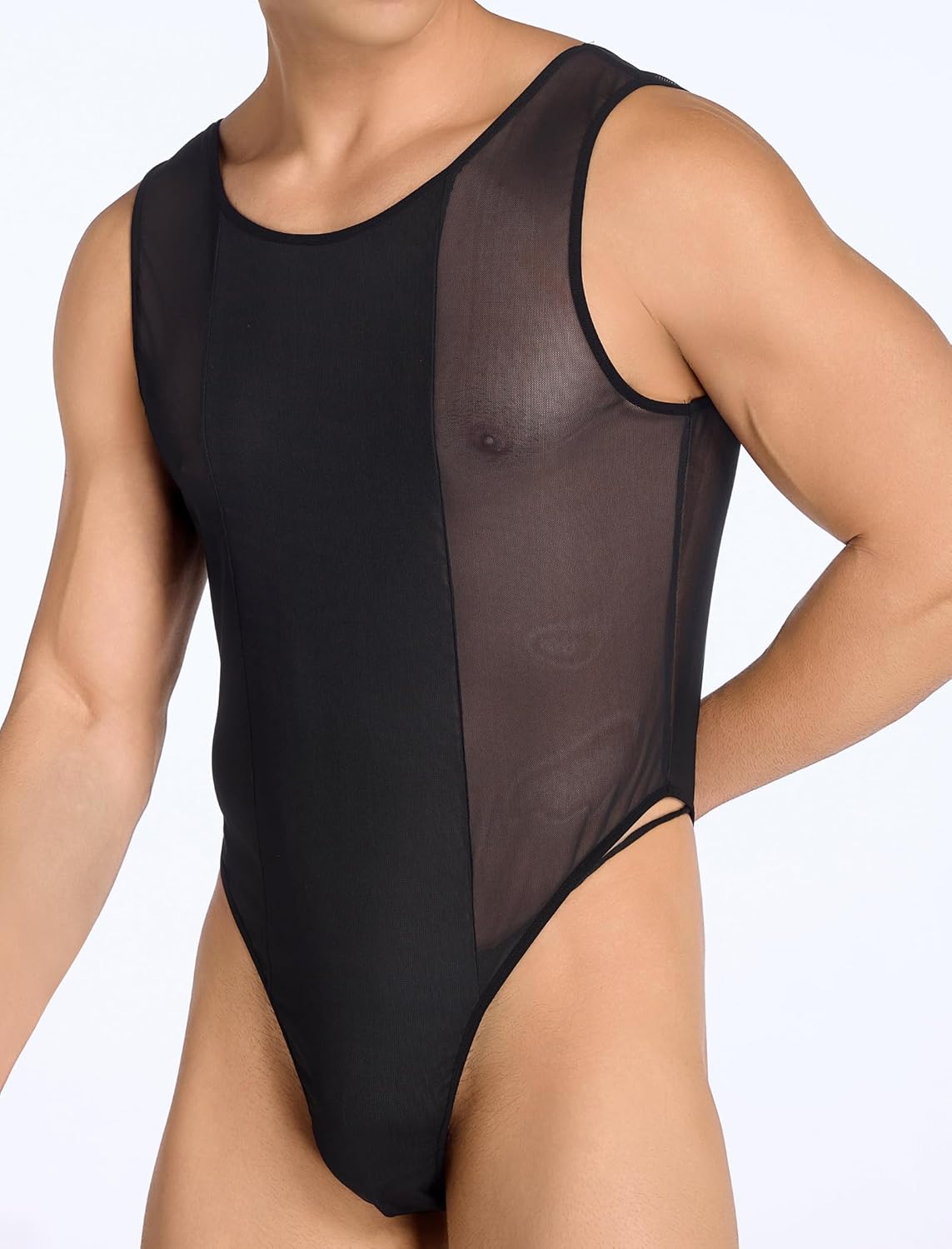 ABAFIP Men's Sheer Mesh Bodysuit Deep U Backless See Through High Cut Thong Leotard Crossdressing Lingerie - Image 2