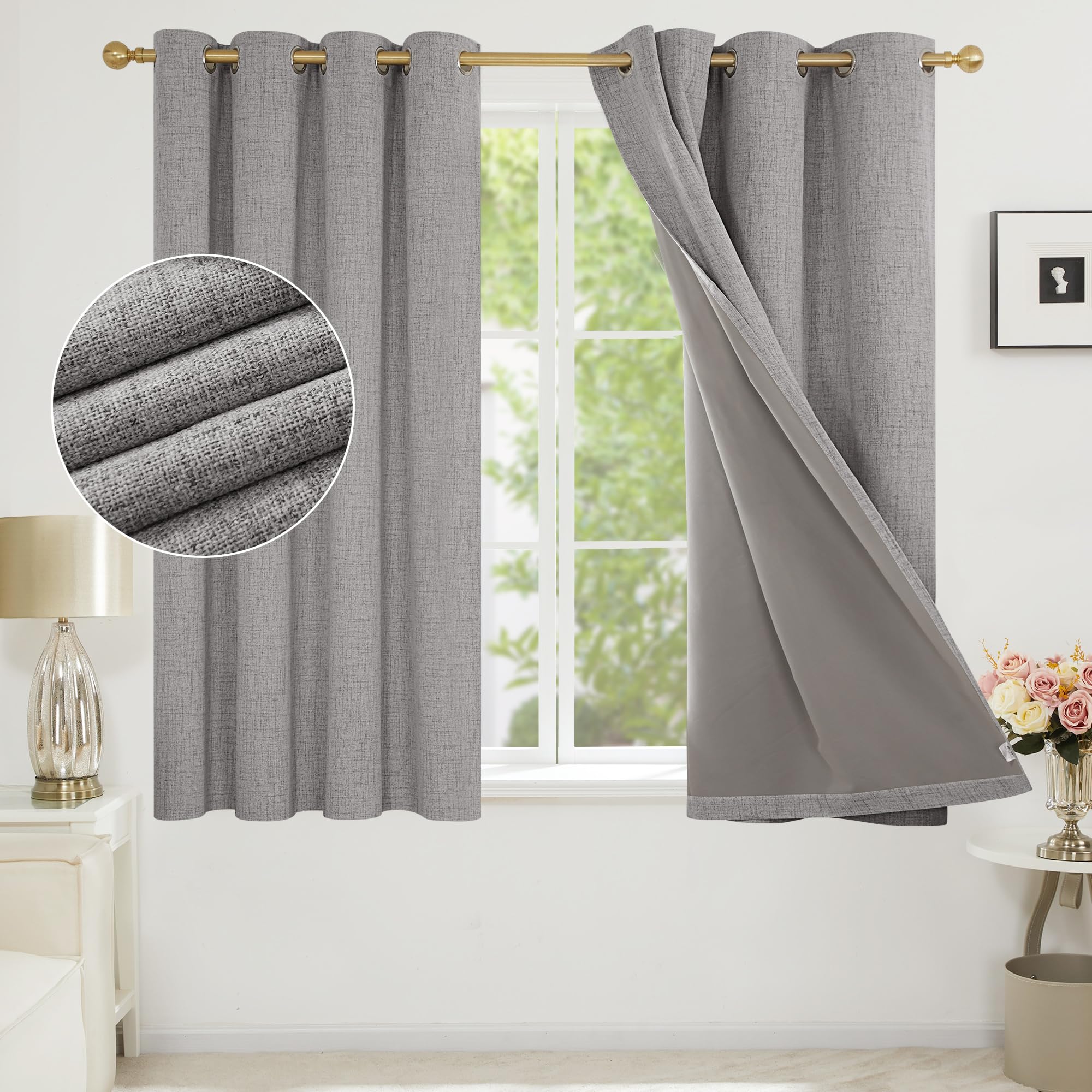 Deconovo Faux Linen 100% Blackout Curtains Thermal Eyelet Curtains fot Bedroom with Energy Saving Coating, Light Grey, W66 x L54 One Pair