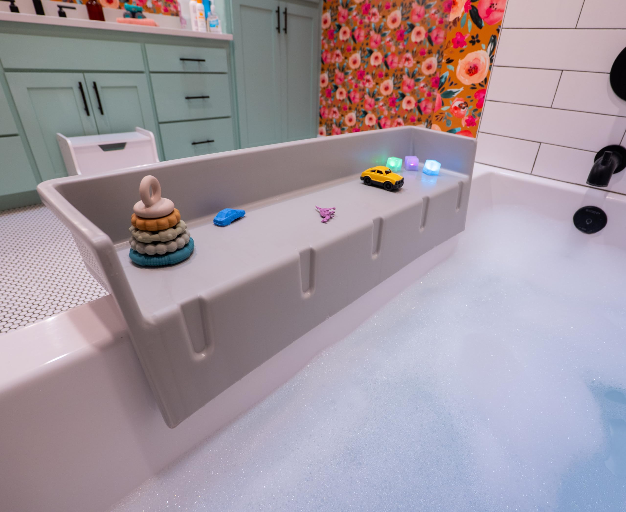 Tub Topper Kids Bathtub Splash Guard, Shelf &amp; Toddler Bath Toy Tray - Gray