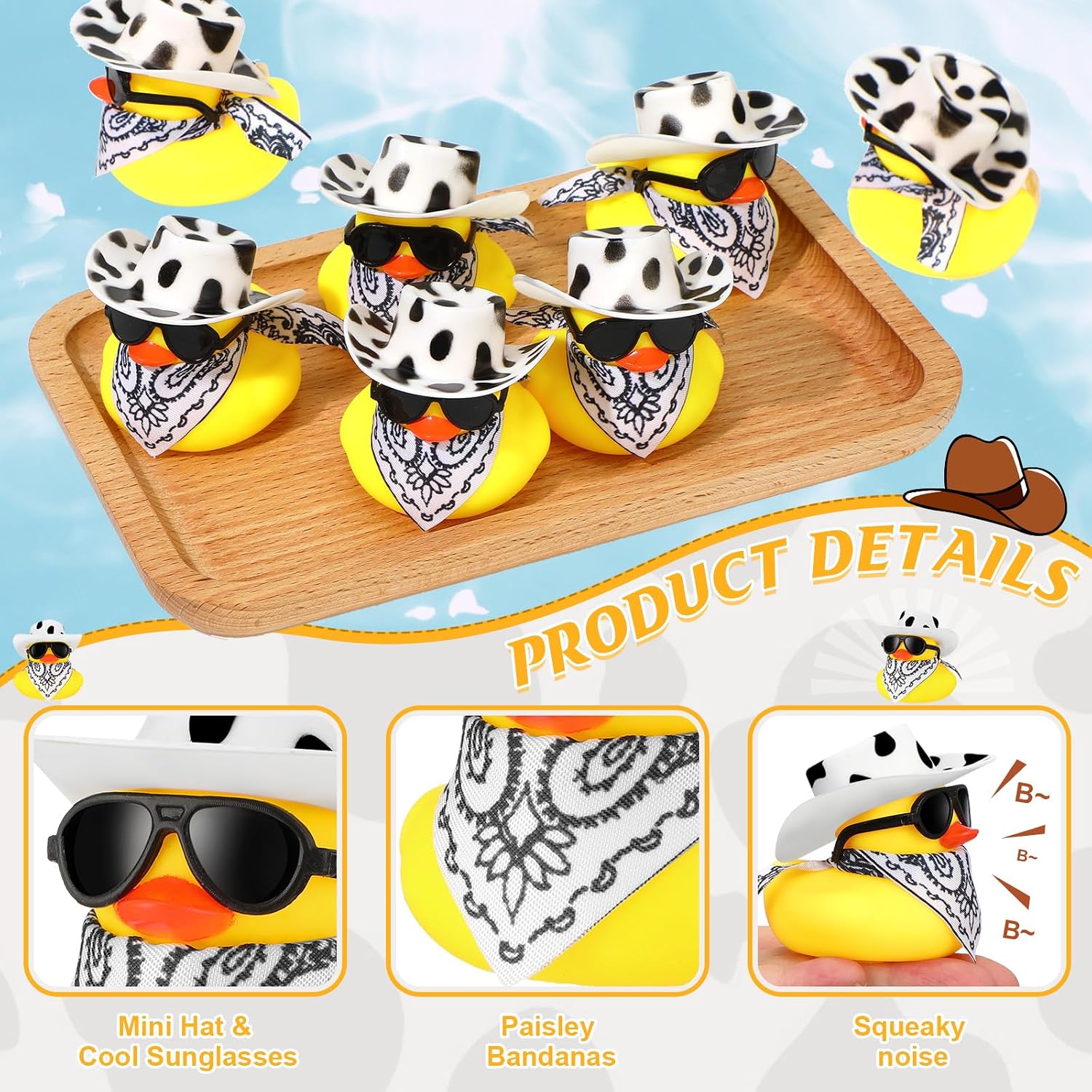 Sosation 24 Set Cowboy Rubber Duck Bulk Mini Yellow Duckies Tiny Ducks Bathtub Toy with Cowboy Hat Paisley Bandanas Sunglasses for Birthday Party Favor(Cow Style)