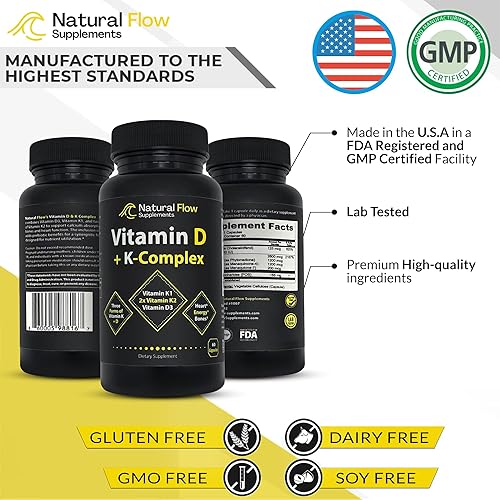 Miniatura 4 de Vitamina D3 con suplemento K2 y K1 – Complejo de vitamina D3 y K de flujo natural, D3 5000iu con vitamina K2 MK4 + MK7 y K1 para apoyo óseo, corazón