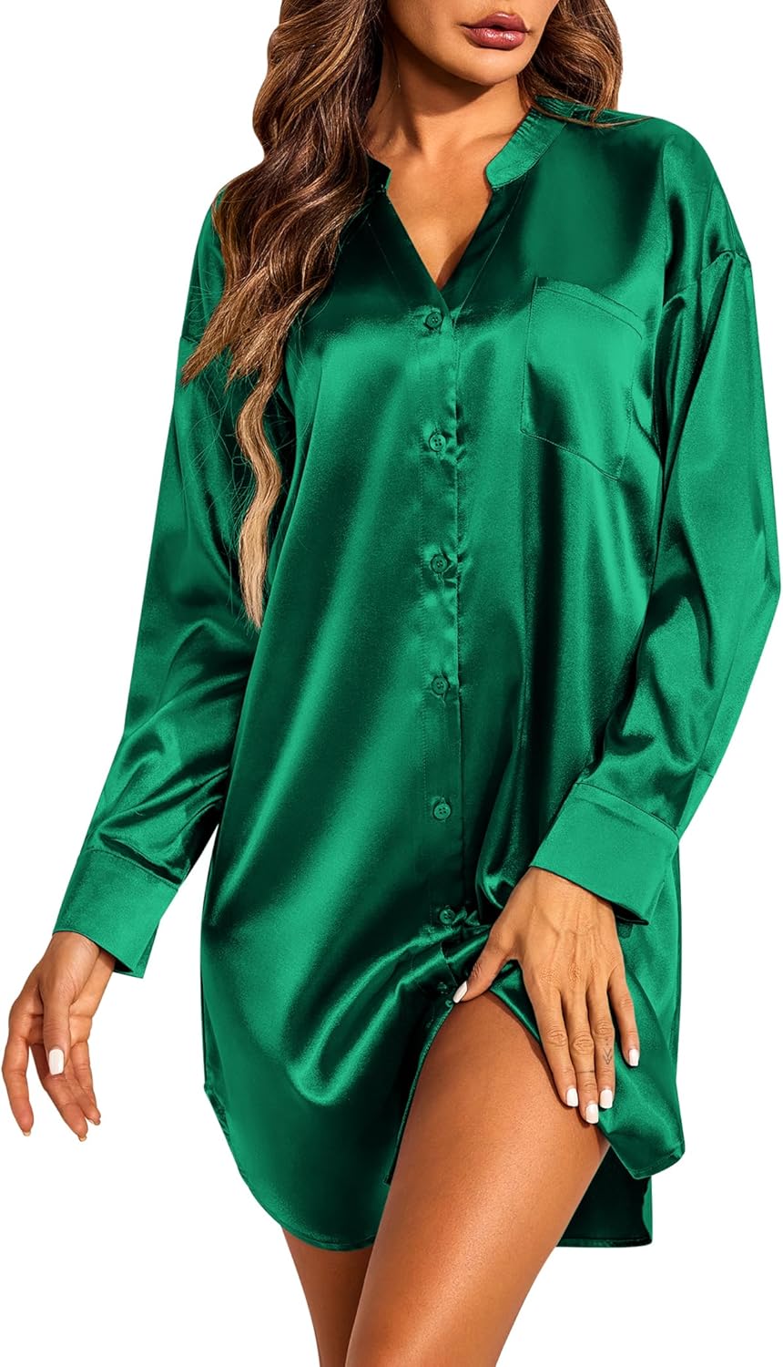 Ekouaer Women's Satin Nightgown Button Down Sleepshirt Silk Long Sleeve Nightshirt Boyfriend Sleepwear Green Large