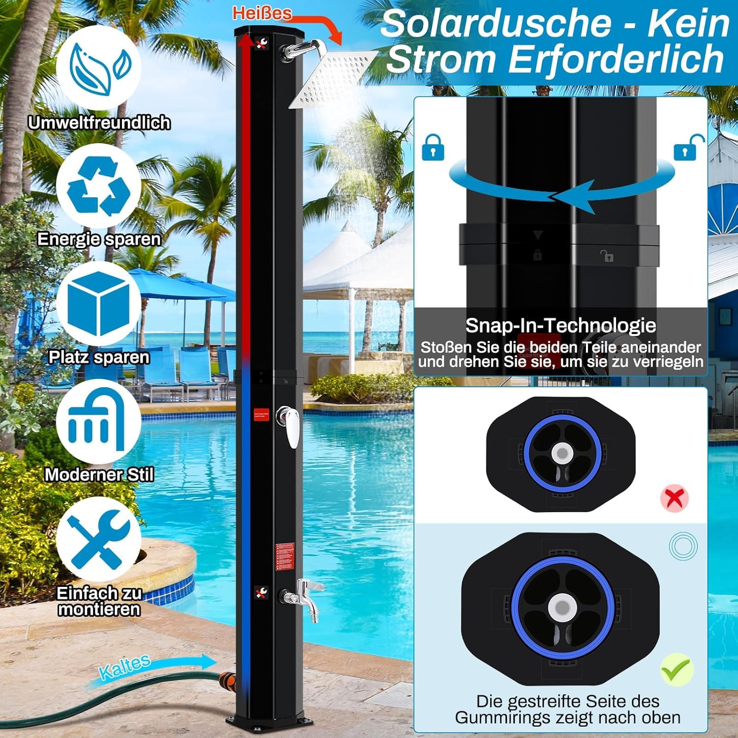 LIFERUN Prysznic solarny, prysznic ogrodowy z głowicą prysznicową 360°, kranem, przyłączem węża ogrodowego i osłoną ochronną, prysznic basenowy, na kemping, ciepła woda, do 60°C, bez przyłącza prądu