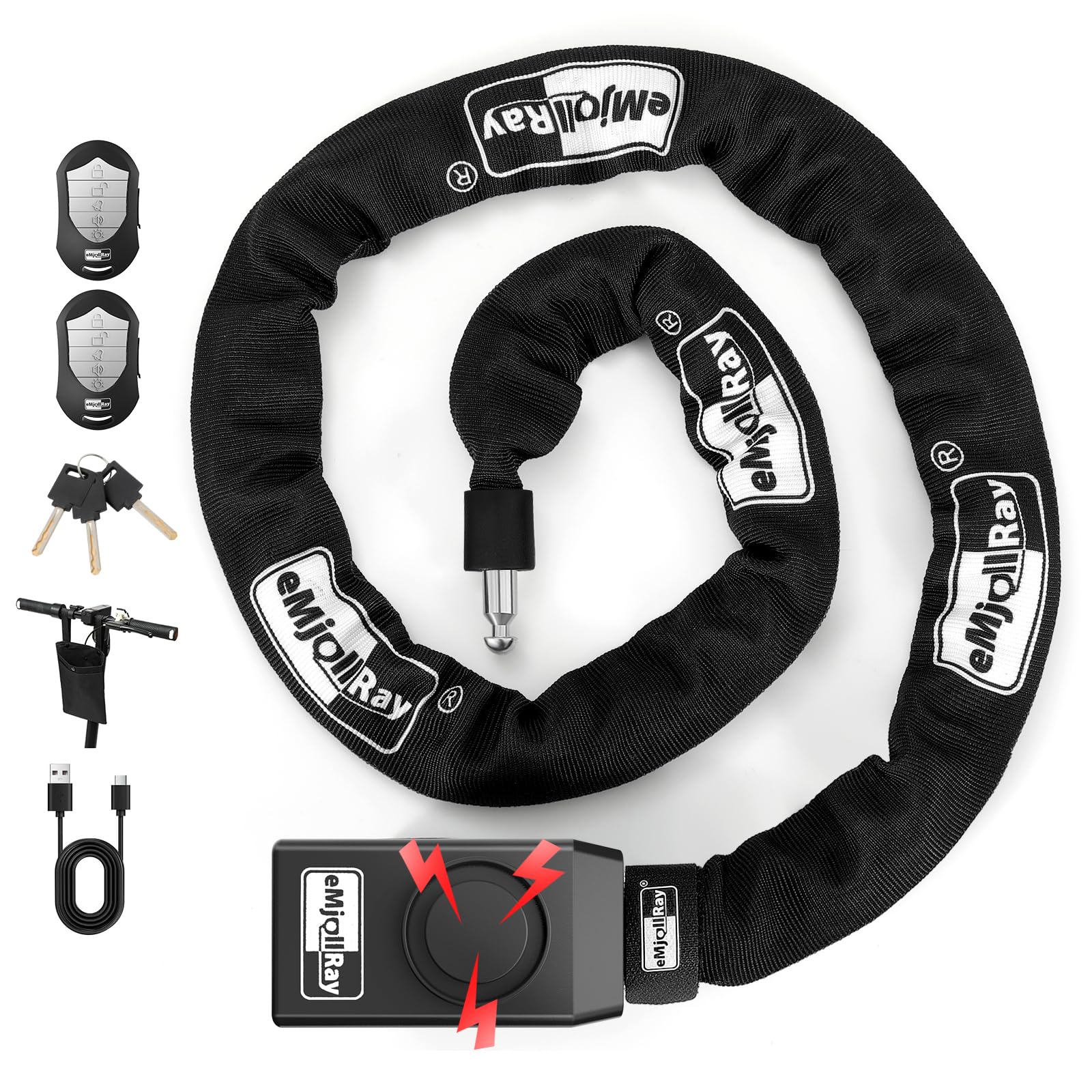 Antifurto per Bici, Allarme Catena, Lucchetto per Bici 110dB, Sicurezza 8mm x 1,2m, Catena con Chiave e Telecomando, Lucchetto per E-Bike, Scooter, Bici in Acciaio Resistente Ricaricabile