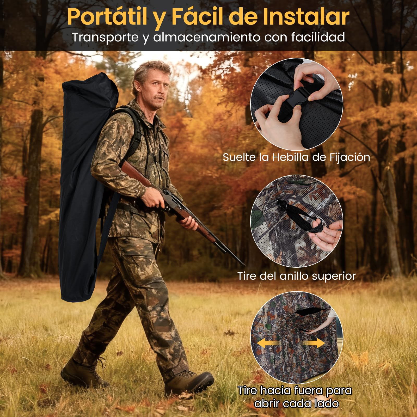COSTWAY Persiana de Caza Portátil, Vista de 360°, Puesto de Caza para 4 Personas, Ventanas de Deslizamiento Silencioso, Bolsa de Transporte, Carpa Plegable Portátil, Camuflaje