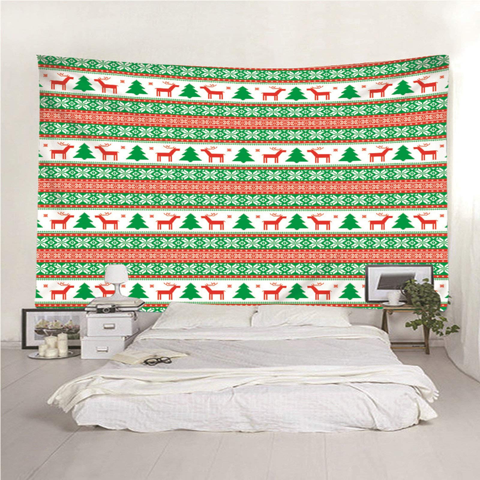CEVAN Wandteppich XXL 3D Wand Teppiche Kuche Weihnachtsbaum Und Rotwild-Muster Wandteppich Blatt Tapisserie Vorhang Kunst Dekorationen Decke Wandbehang Stoff Rot Grün 350x250cm