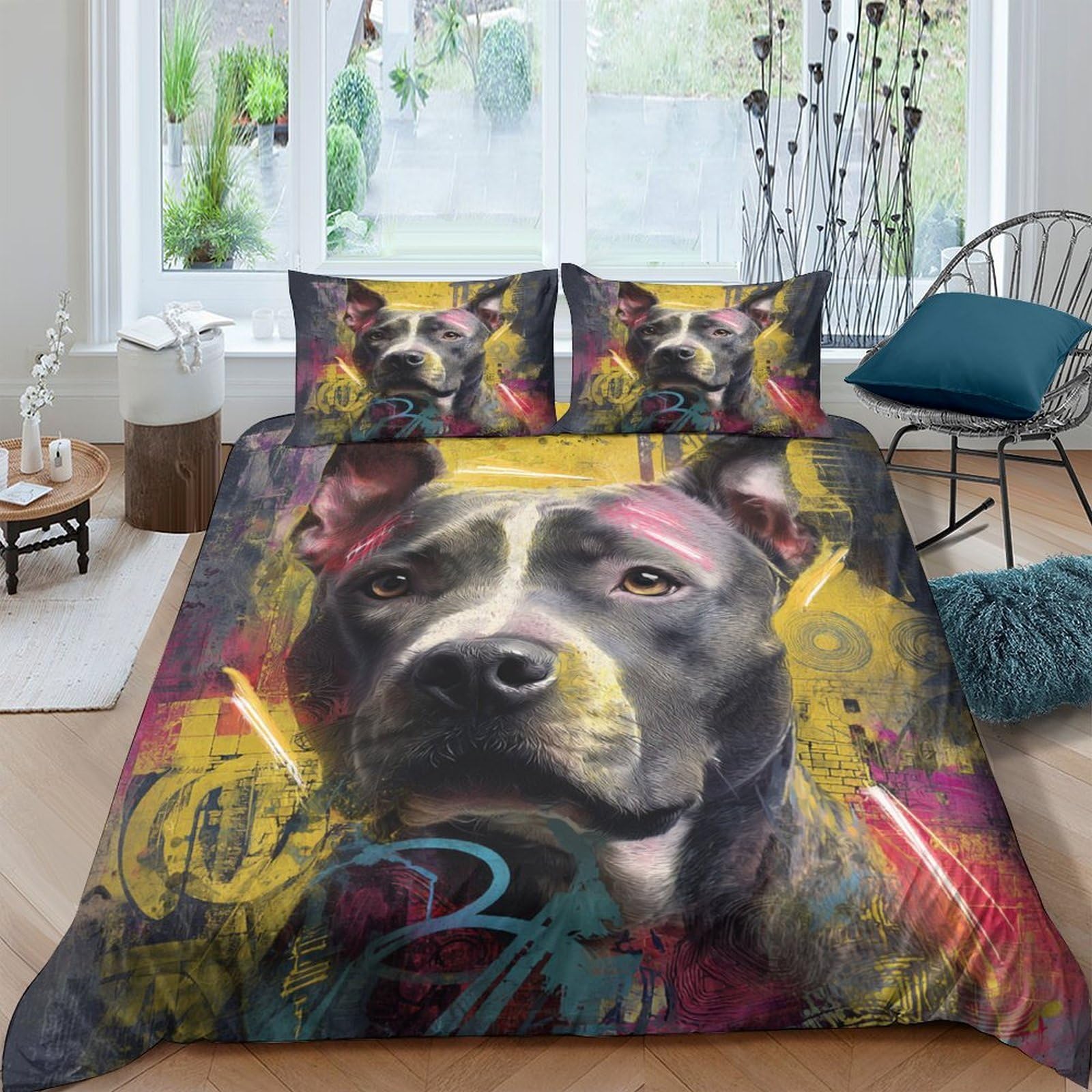 Ctjqhvkz Style-5 3D Printed Colorful Pitbull Fitted Sheet Microfiber Soft Breathable Graffiti Art Bed Cover For Bedroom Home Decor Single（135X200cm）