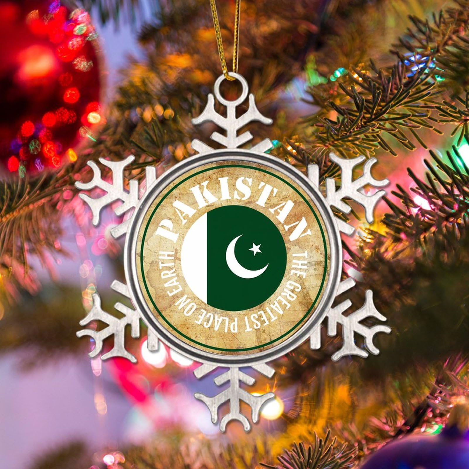 Podbyyou Pakistan The Greatest Place On Earth Christmas Ornaments Flag Christmas Tree Decorations Patriotic National Symbolic Metal Snowflake Ornament Xmas Tree Decor