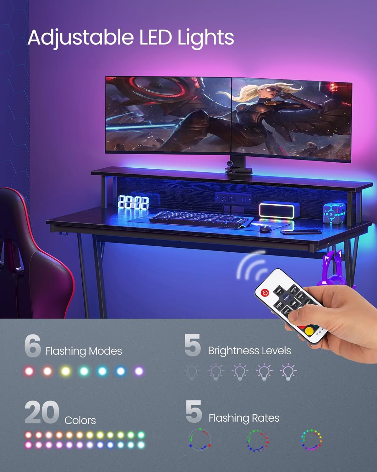 Image showing the VASAGLE gaming desk with LED lights, displaying various color and mode options, and a hand holding a remote control.