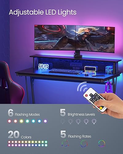 Miniatura 5 de VASAGLE ULWD092B56 - Escritorio LED para juegos con tomas de corriente, escritorio de computadora con puertos USB, escritorio de oficina con soporte