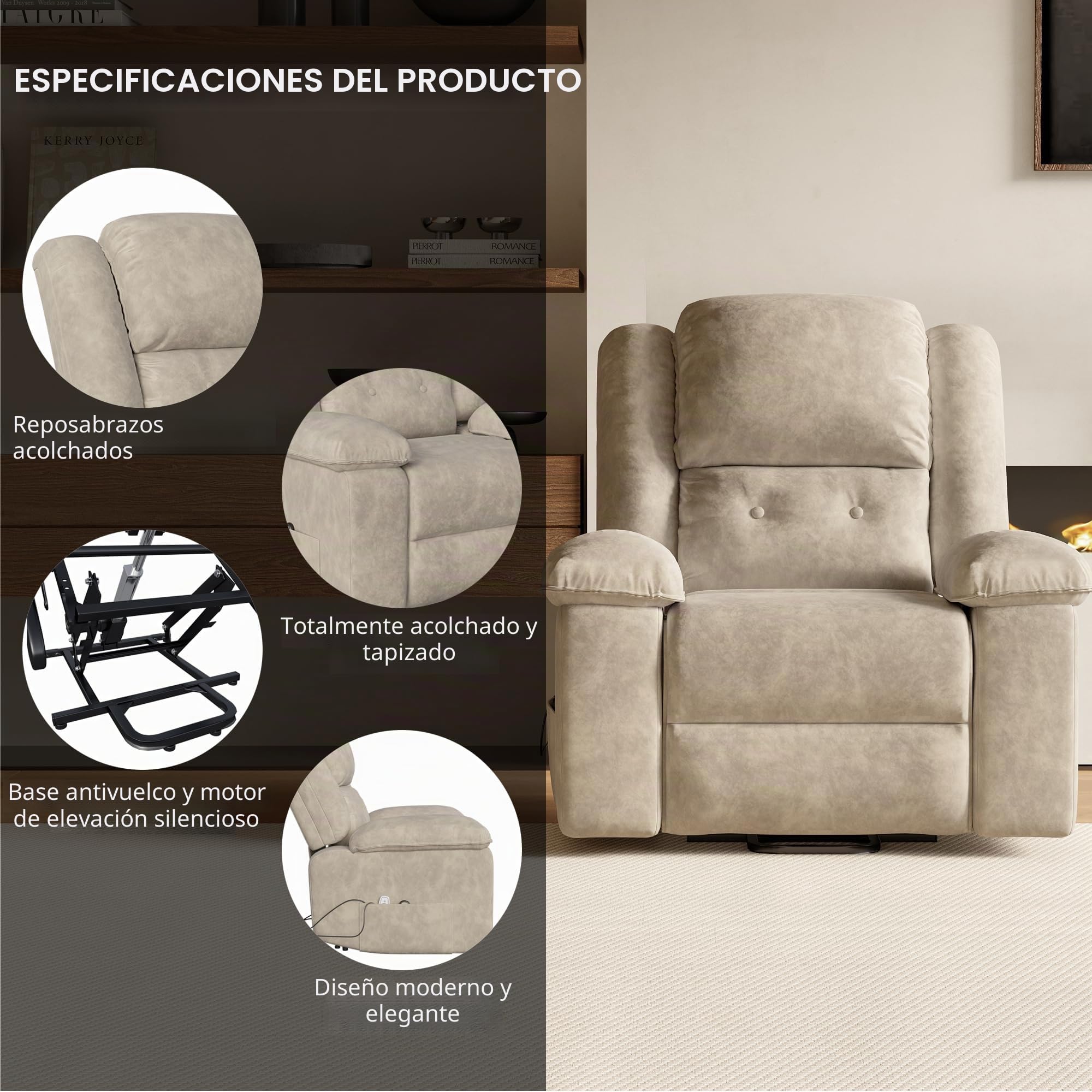 Sillón Relax Reclinable, Silla con Respaldo Reposabrazos, Sillón de TV con Reposapiés, Respaldo Alto, Stand-up Aid, eléctricamente Ajustable, función de calefacción y Masaje, Beige+Gris