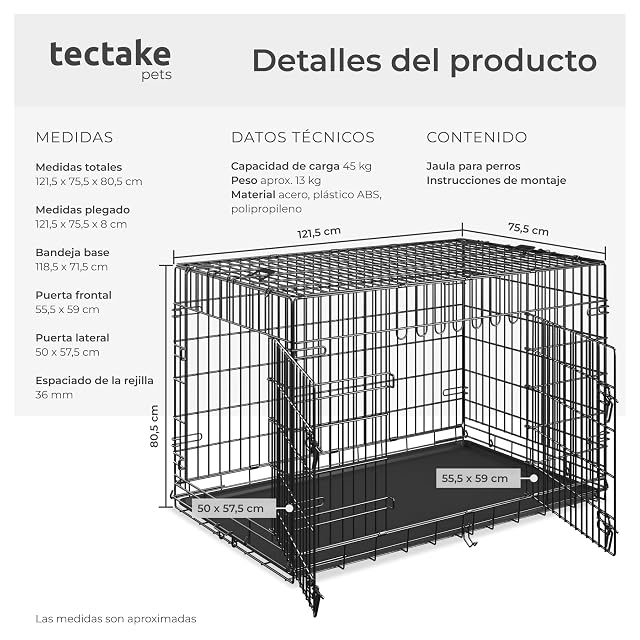 Foto 6 de 8 de tectake® Jaula para Perros Plegable 121,5 x 75,5 x 80,5 cm con 2 Asas de Transporte, Resistente, Plegable…