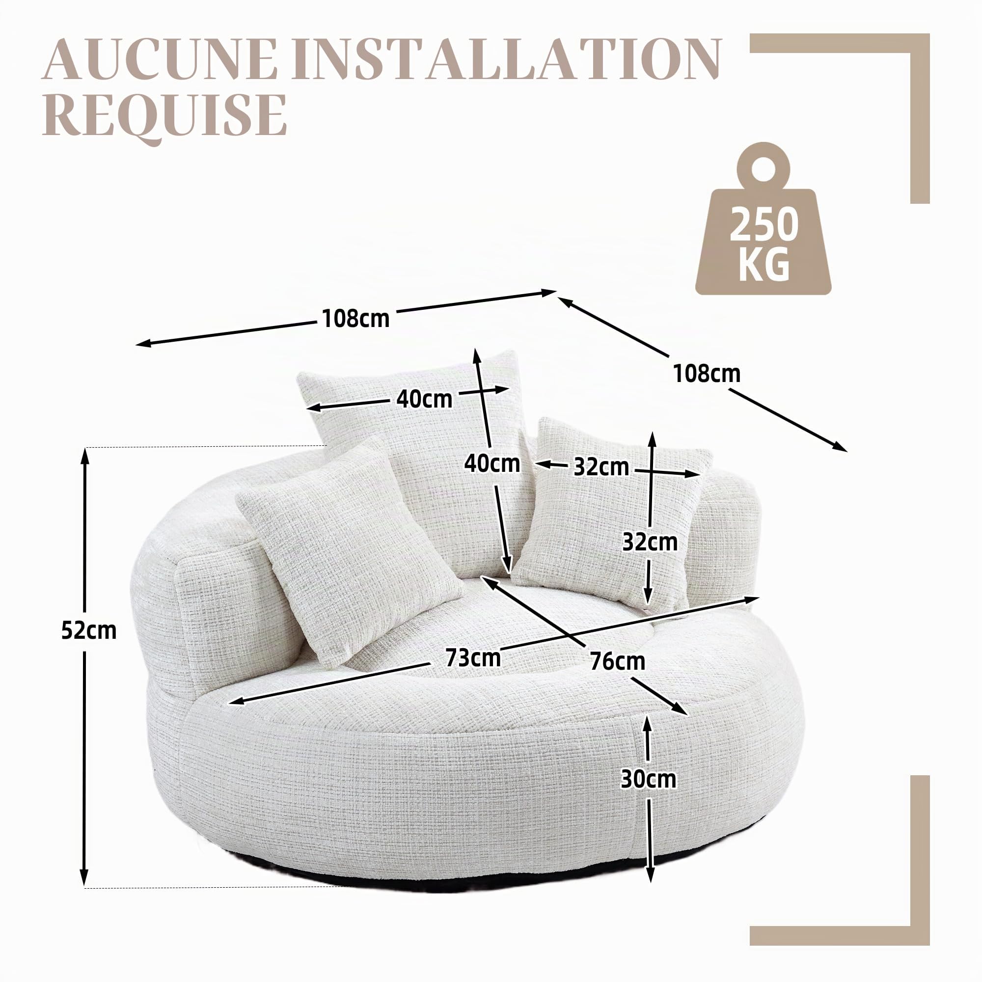 Pouf Salon & Chambre en Velours Côtelé,Canapé Pouf,Fauteuil Pouf Cocooning, Fauteuil Pouf Lazy Sofa Durable Comfort Lounger à Dossier Haut avec Trois Coussins,Fauteuil Bubble,Beige