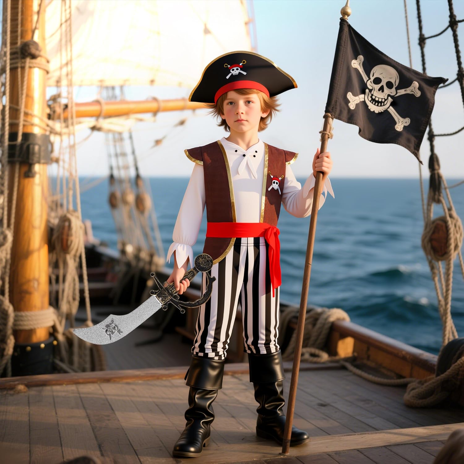 Kids Pirate Costume for Boys with Pirate Accessories Set Halloween Party Dress Up - Image 2