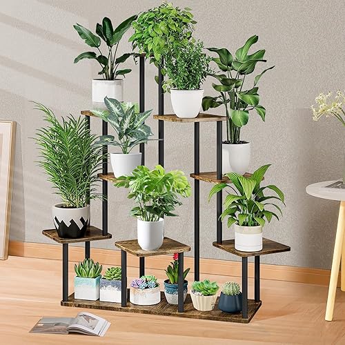 Miniatura 4 de Soporte alto de madera para plantas de 9 niveles, estante de metal para interiores, múltiples estantes para macetas, estante de esquina, estante de