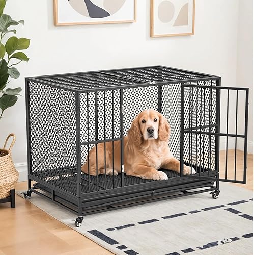 Miniatura 7 de Erinnyees Jaula para perros de 42 pulgadas, plegable, grande, para perros medianos y grandes, jaula de metal con ruedas con cerradura, cerraduras